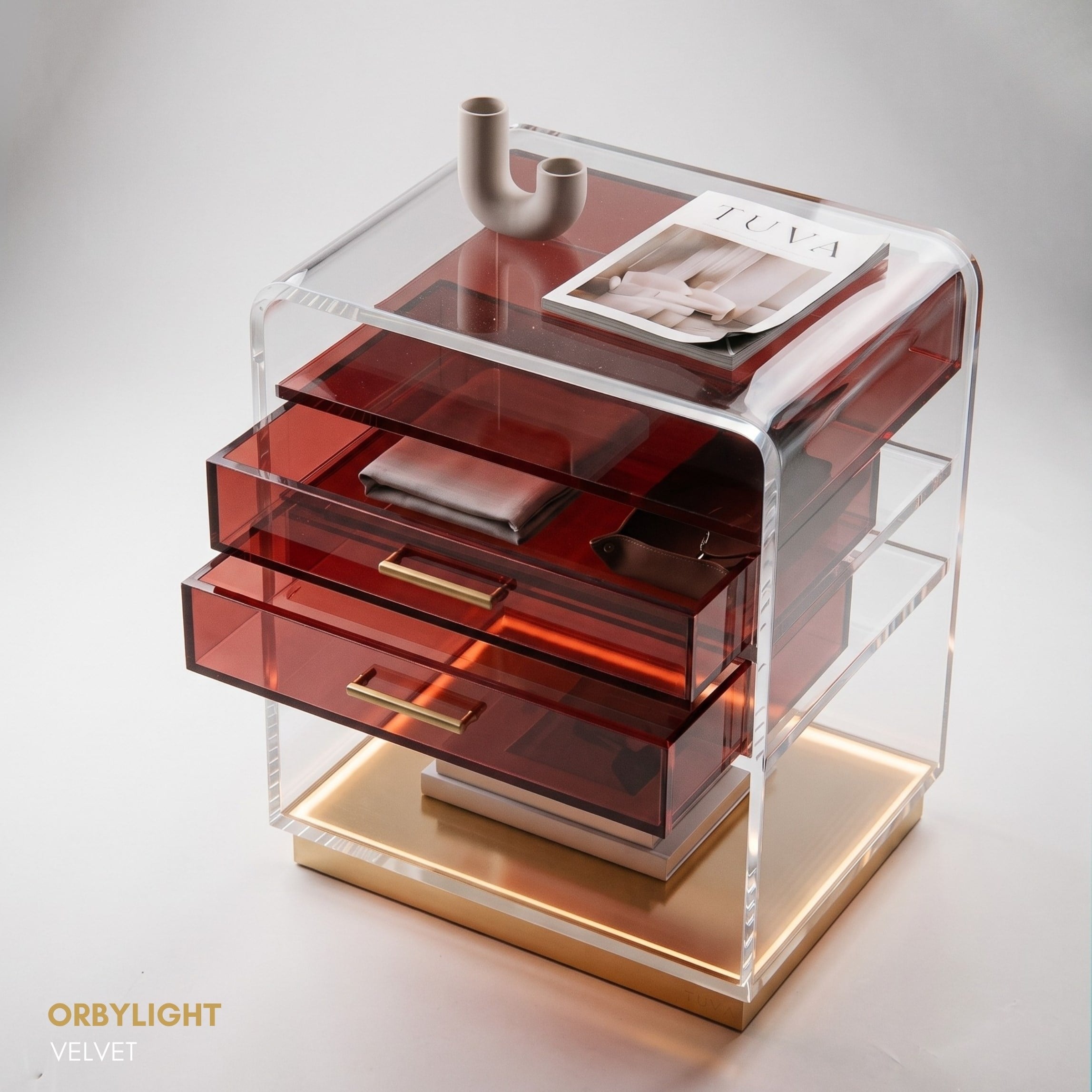 ORBYLIGHT | LED Işıklı Akrilik Komodin & Yan Sehpa — Uzaktan Kumandalı, 100+ Renk Seçenekli