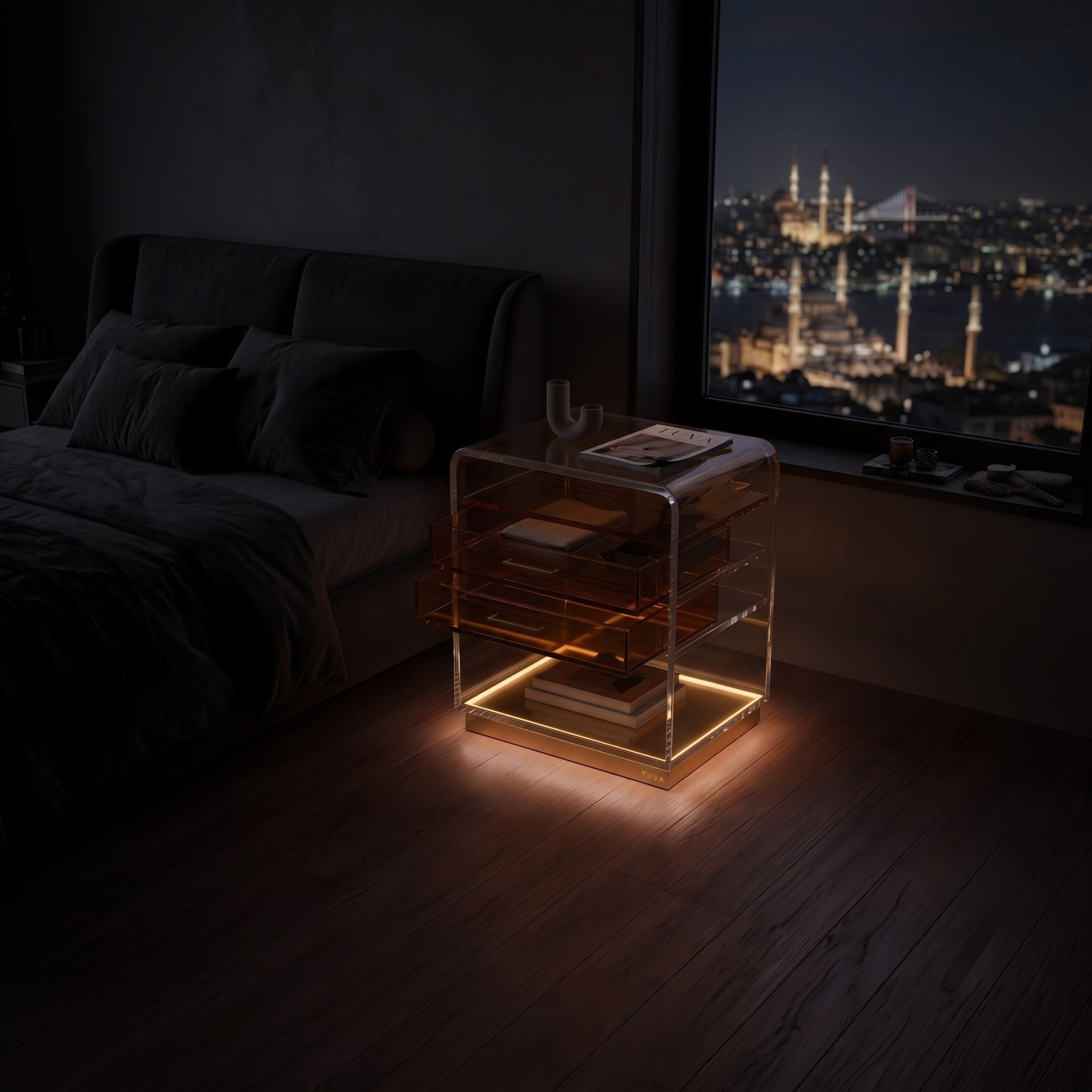 ORBYLIGHT | LED Işıklı Akrilik Komodin & Yan Sehpa — Uzaktan Kumandalı, 100+ Renk Seçenekli