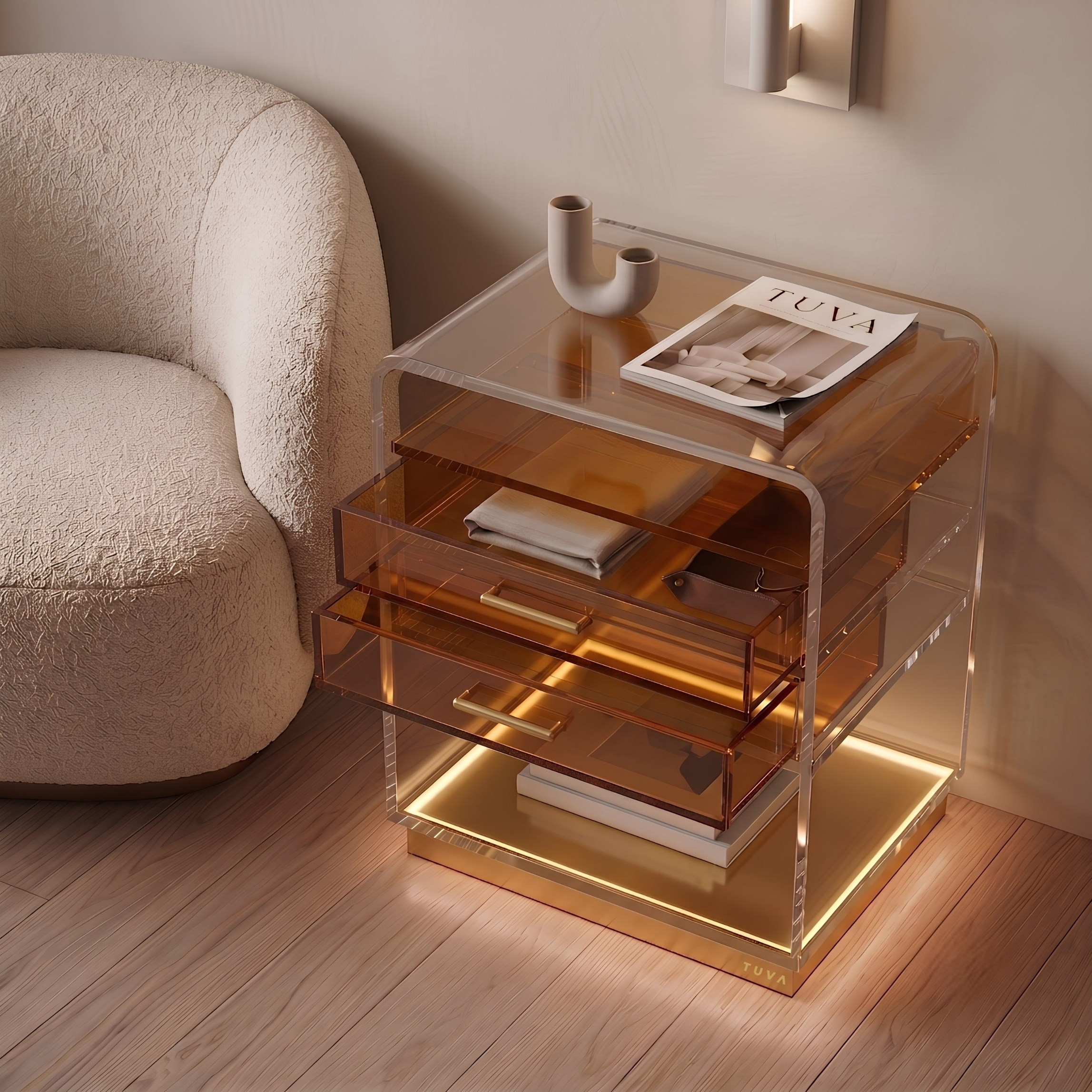 ORBYLIGHT | LED Işıklı Akrilik Komodin & Yan Sehpa — Uzaktan Kumandalı, 100+ Renk Seçenekli