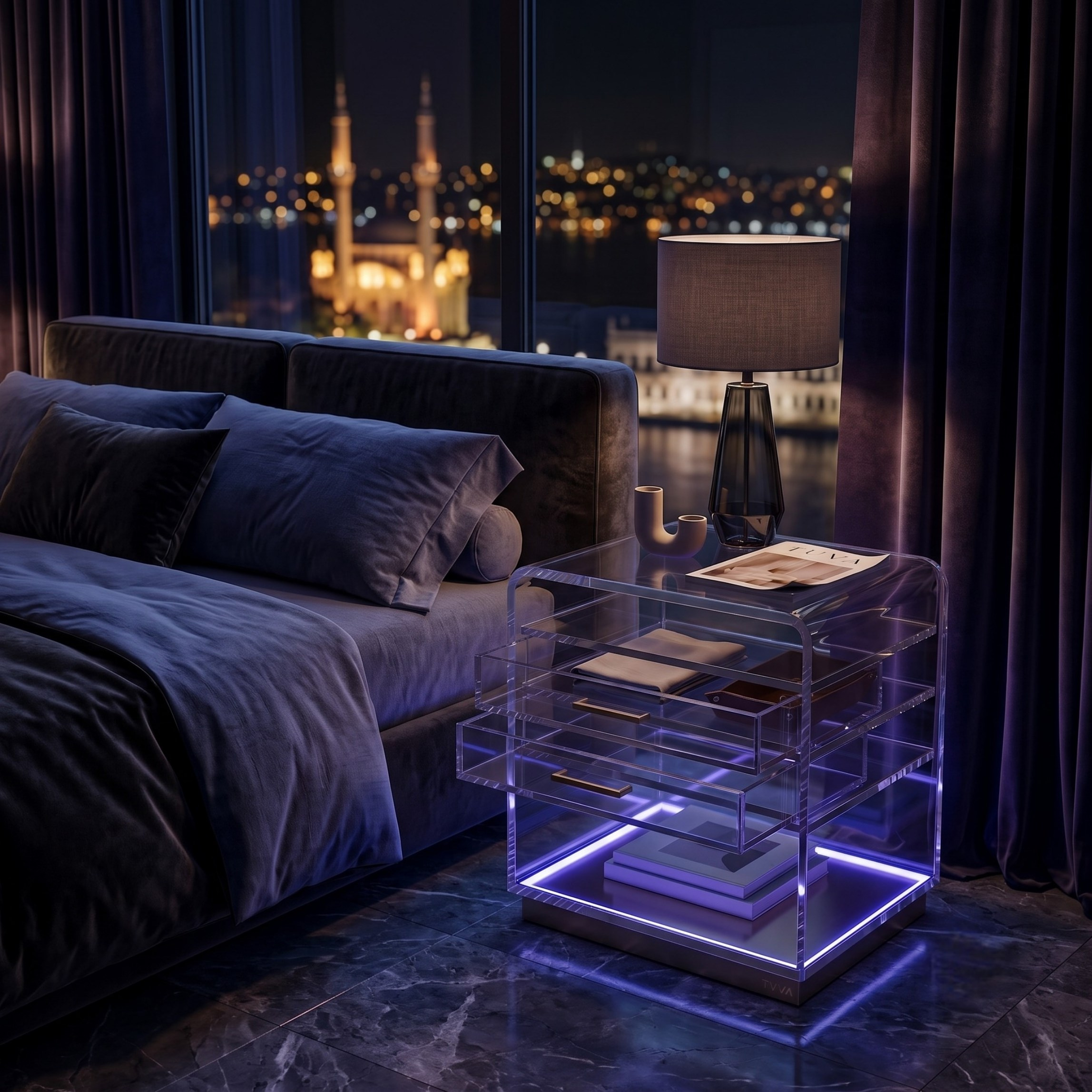 ORBYLIGHT | LED Işıklı Akrilik Komodin & Yan Sehpa — Uzaktan Kumandalı, 100+ Renk Seçenekli