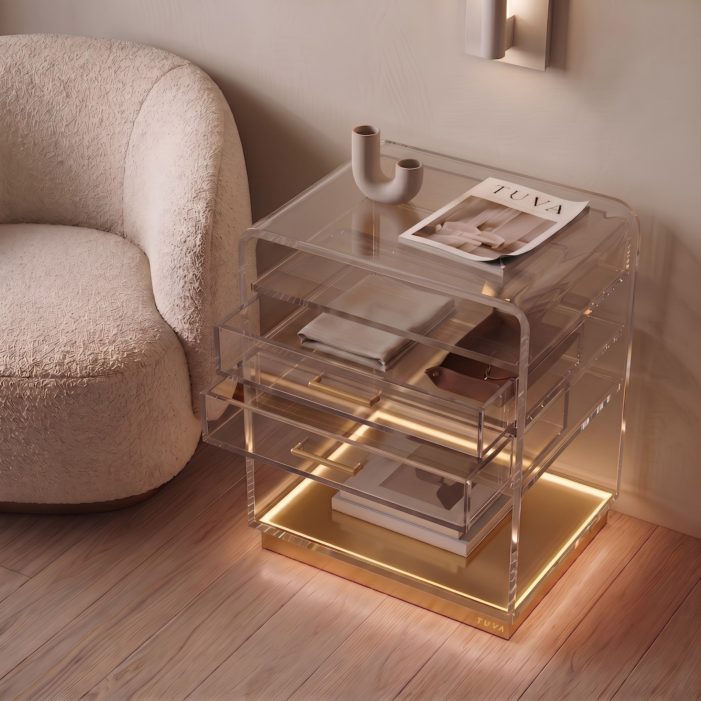 ORBYLIGHT | LED Işıklı Akrilik Komodin & Yan Sehpa — Uzaktan Kumandalı, 100+ Renk Seçenekli