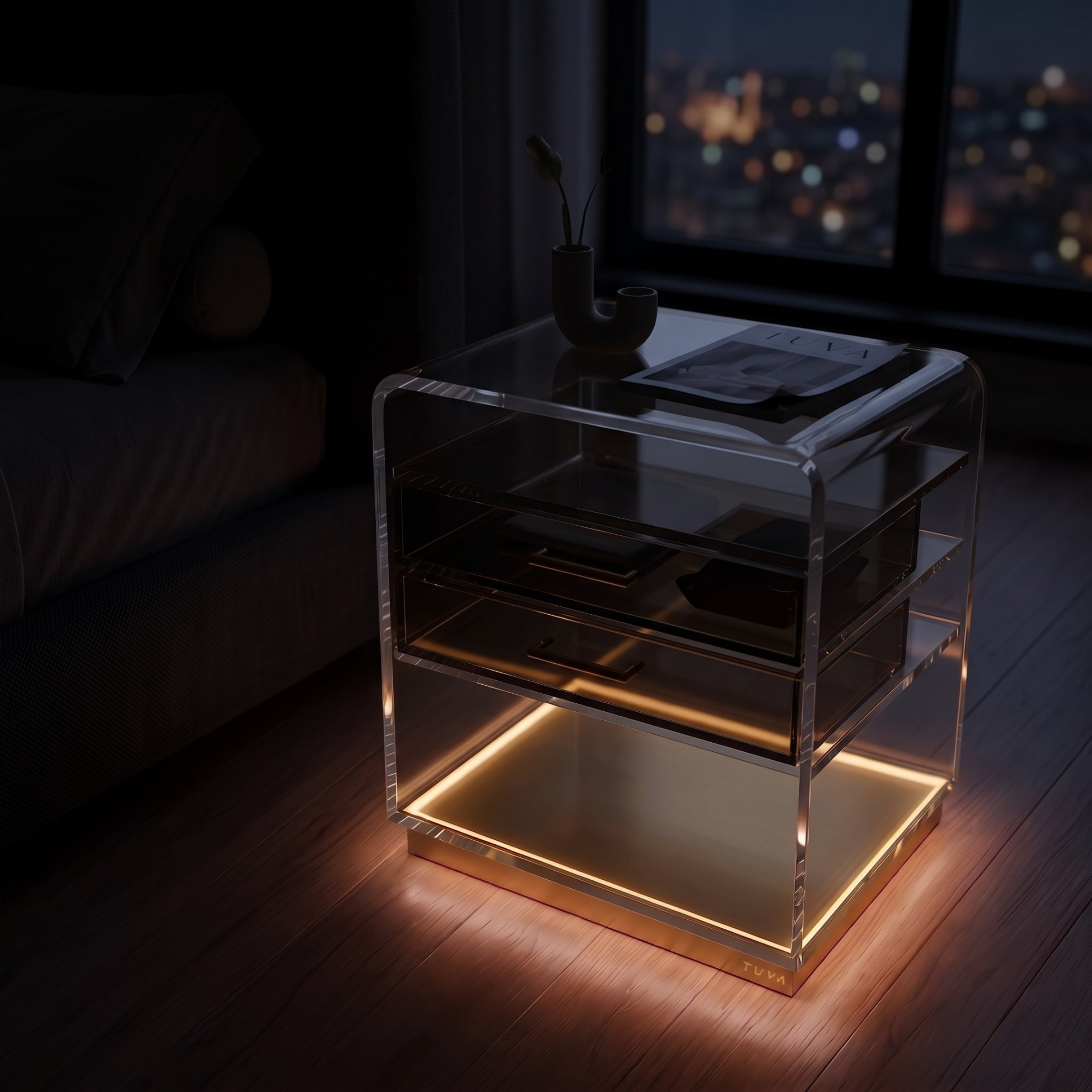 ORBYLIGHT | LED Işıklı Akrilik Komodin & Yan Sehpa — Uzaktan Kumandalı, 100+ Renk Seçenekli