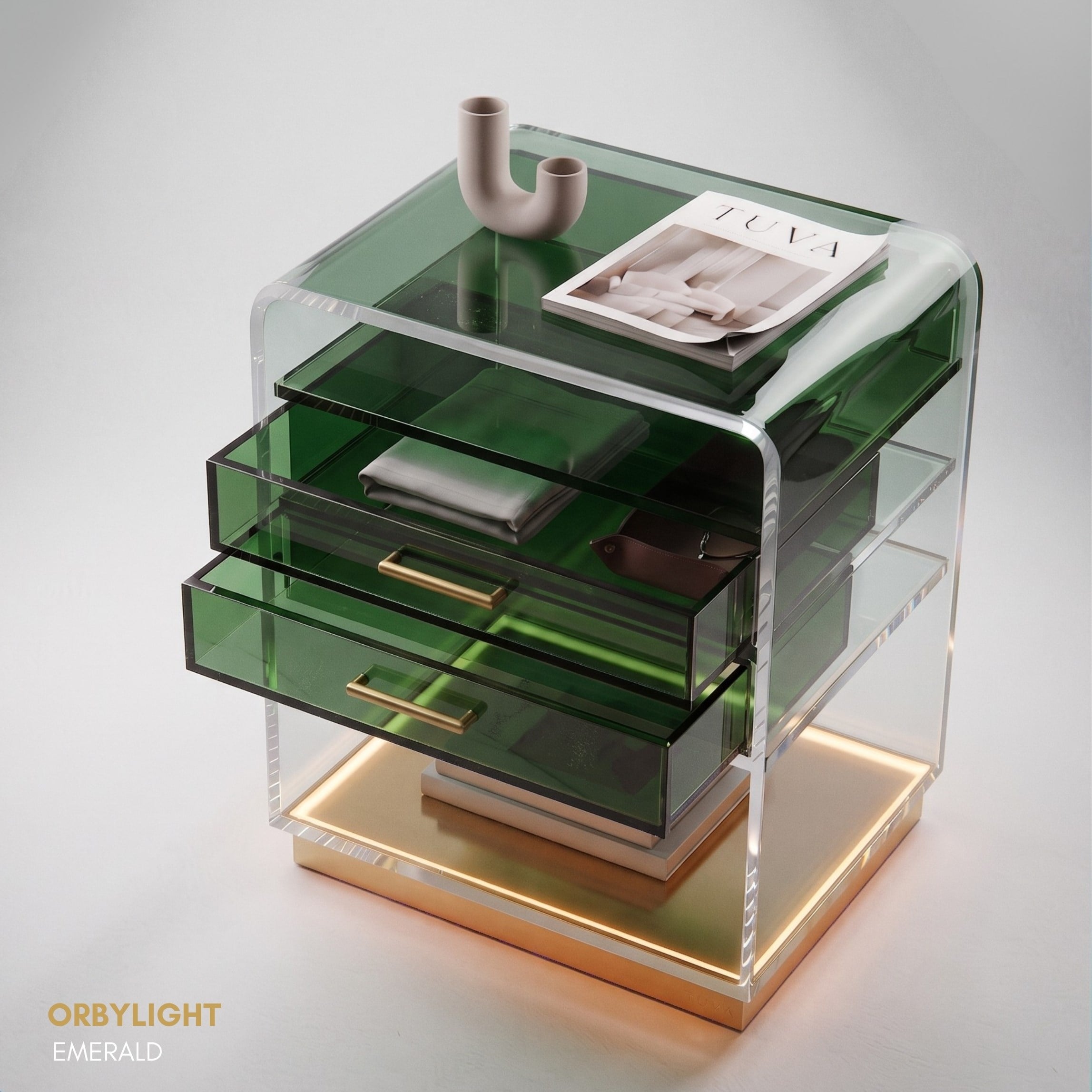 ORBYLIGHT | LED Işıklı Akrilik Komodin & Yan Sehpa — Uzaktan Kumandalı, 100+ Renk Seçenekli