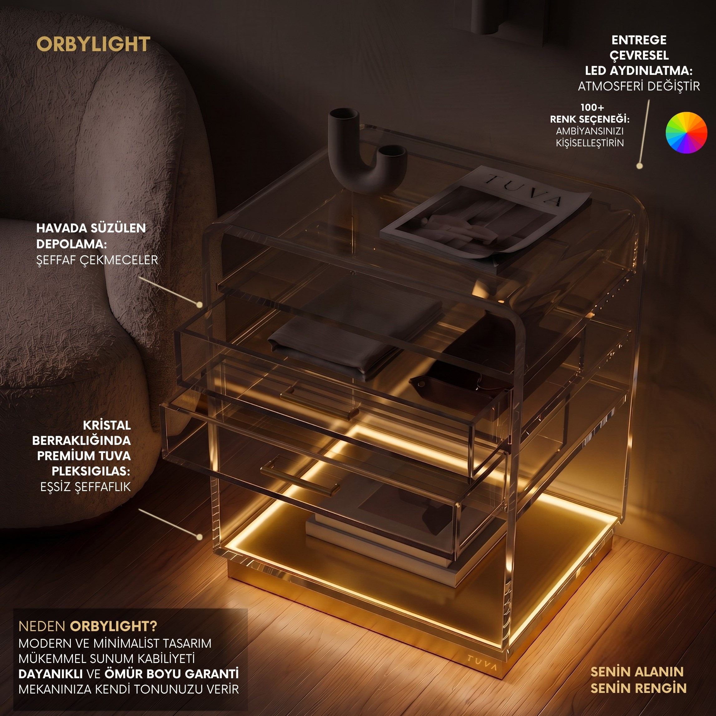 ORBYLIGHT | LED Işıklı Akrilik Komodin & Yan Sehpa — Uzaktan Kumandalı, 100+ Renk Seçenekli