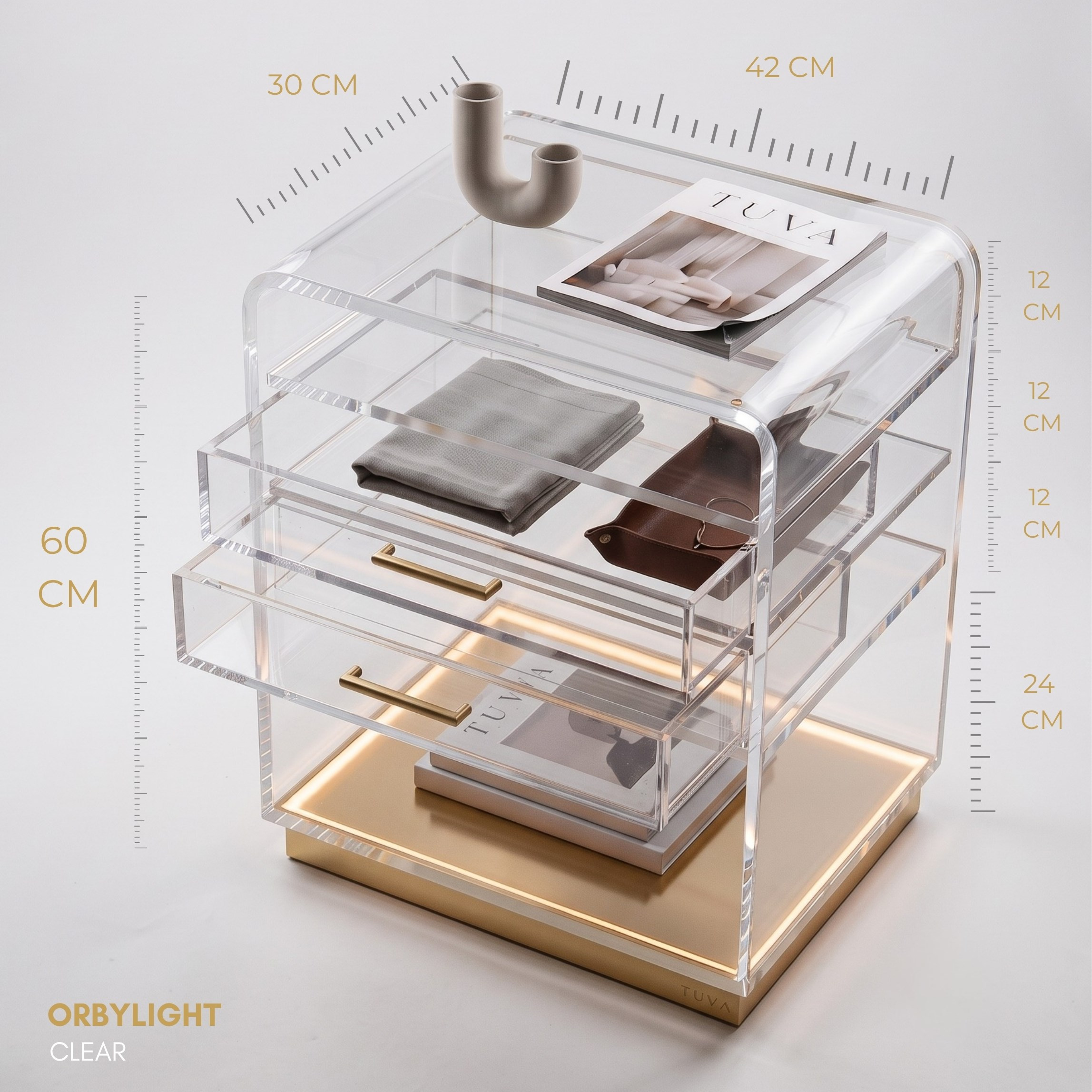 ORBYLIGHT | LED Işıklı Akrilik Komodin & Yan Sehpa — Uzaktan Kumandalı, 100+ Renk Seçenekli