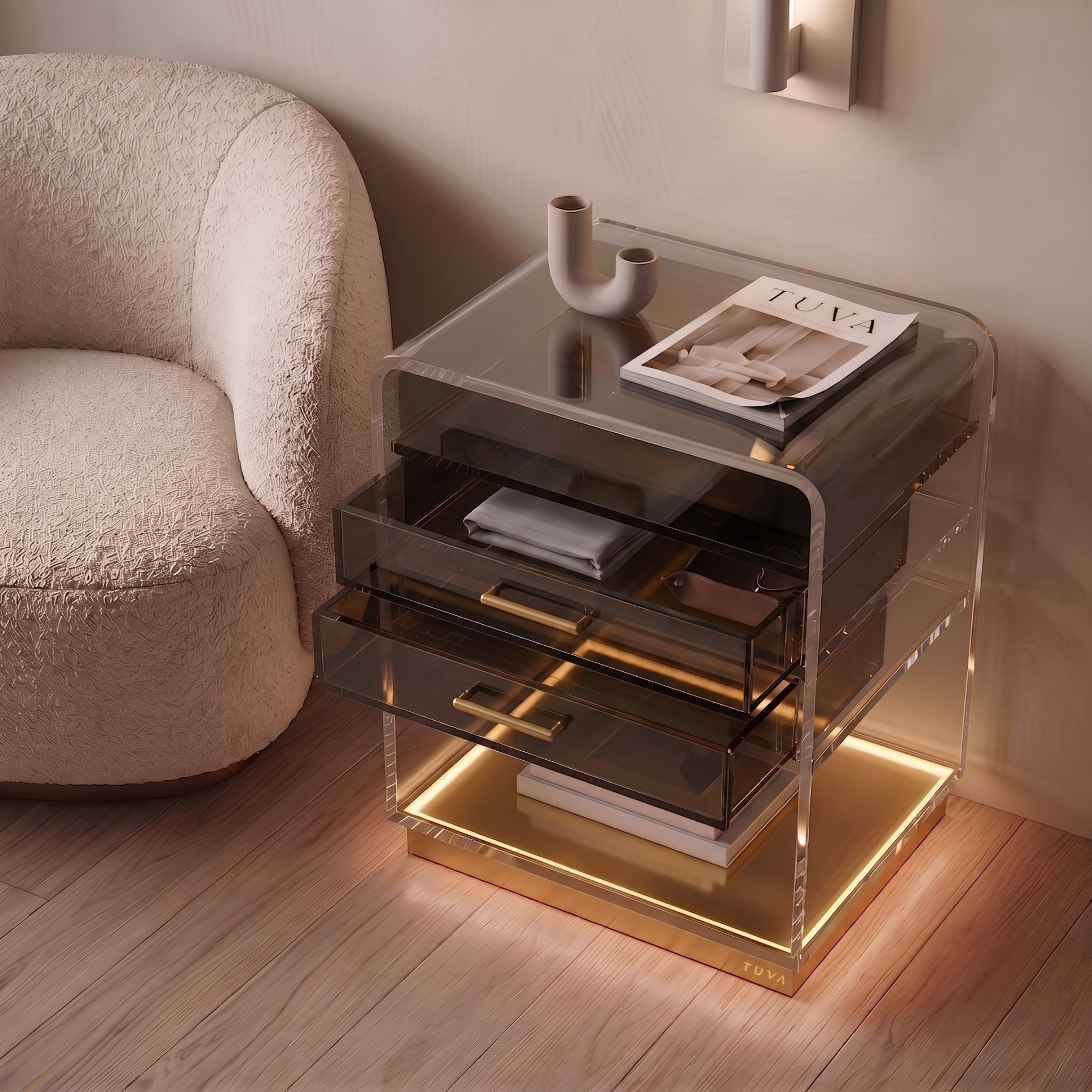ORBYLIGHT | LED Işıklı Akrilik Komodin & Yan Sehpa — Uzaktan Kumandalı, 100+ Renk Seçenekli