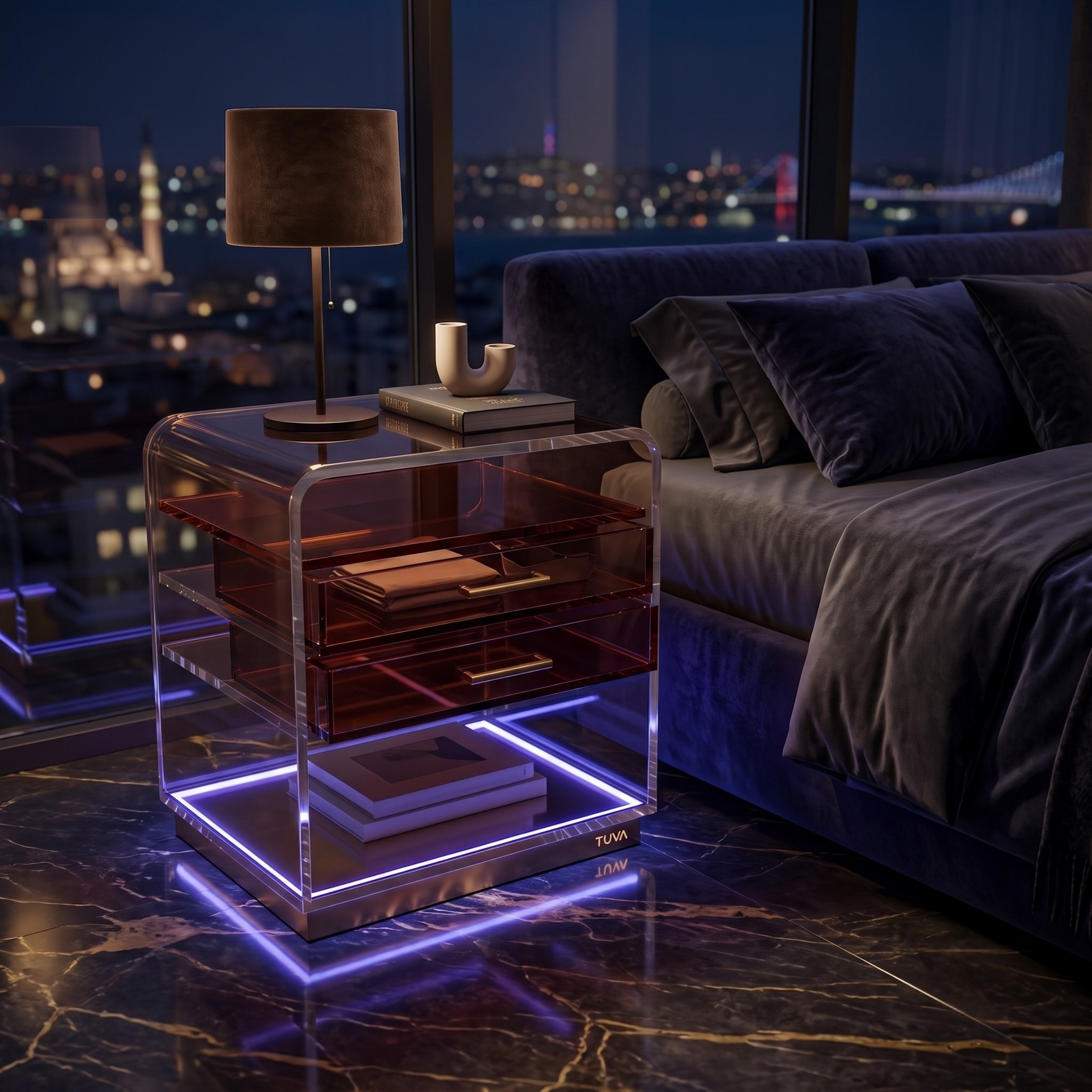 ORBYLIGHT | LED Işıklı Akrilik Komodin & Yan Sehpa — Uzaktan Kumandalı, 100+ Renk Seçenekli