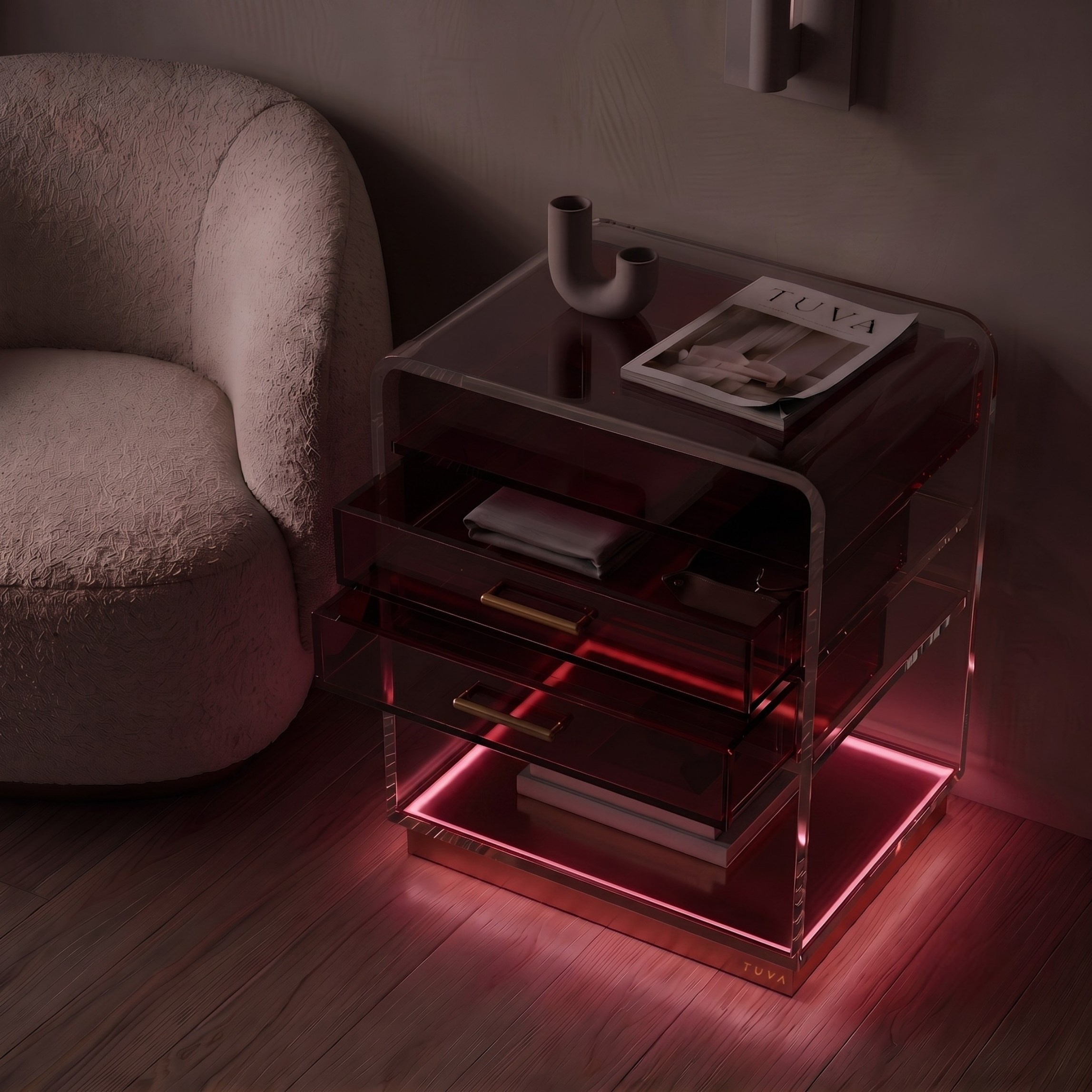 ORBYLIGHT | LED Işıklı Akrilik Komodin & Yan Sehpa — Uzaktan Kumandalı, 100+ Renk Seçenekli