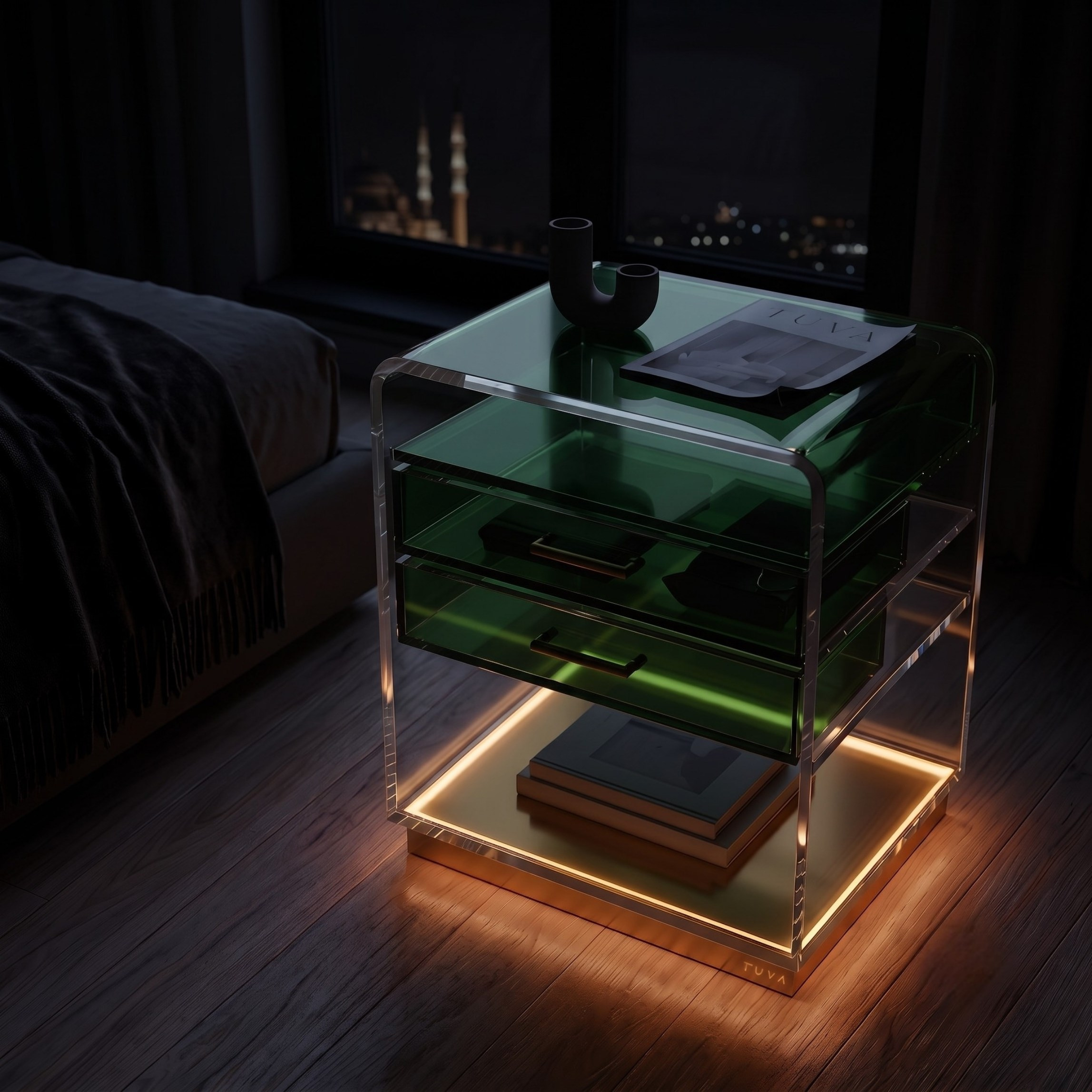 ORBYLIGHT | LED Işıklı Akrilik Komodin & Yan Sehpa — Uzaktan Kumandalı, 100+ Renk Seçenekli