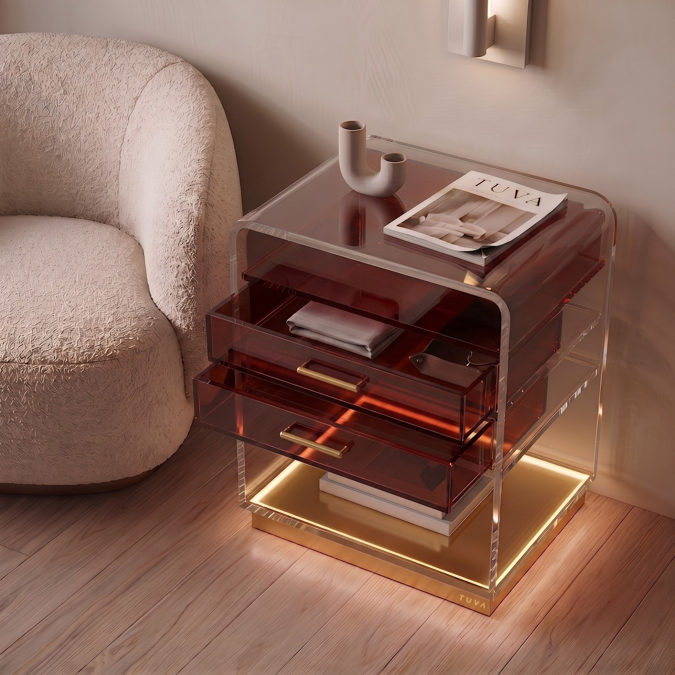 ORBYLIGHT | LED Işıklı Akrilik Komodin & Yan Sehpa — Uzaktan Kumandalı, 100+ Renk Seçenekli
