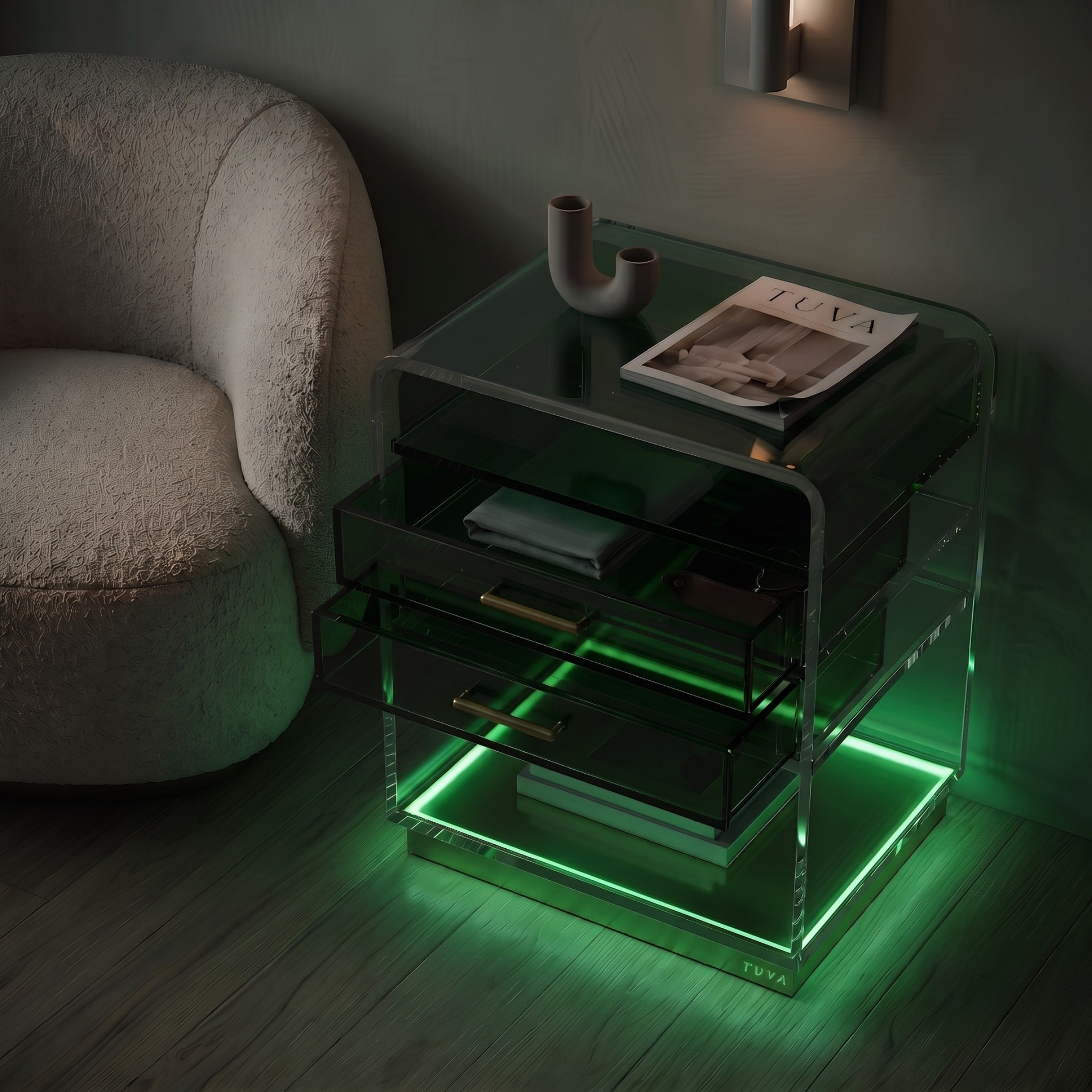 ORBYLIGHT | LED Işıklı Akrilik Komodin & Yan Sehpa — Uzaktan Kumandalı, 100+ Renk Seçenekli