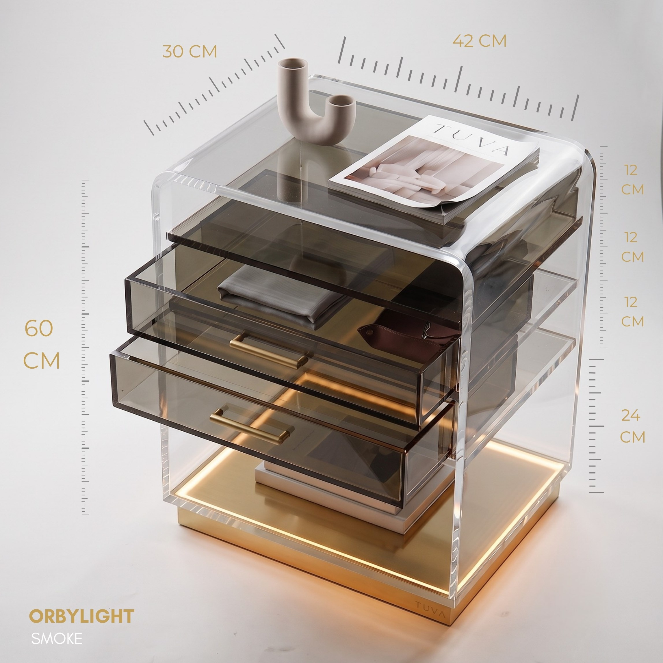 ORBYLIGHT | LED Işıklı Akrilik Komodin & Yan Sehpa — Uzaktan Kumandalı, 100+ Renk Seçenekli