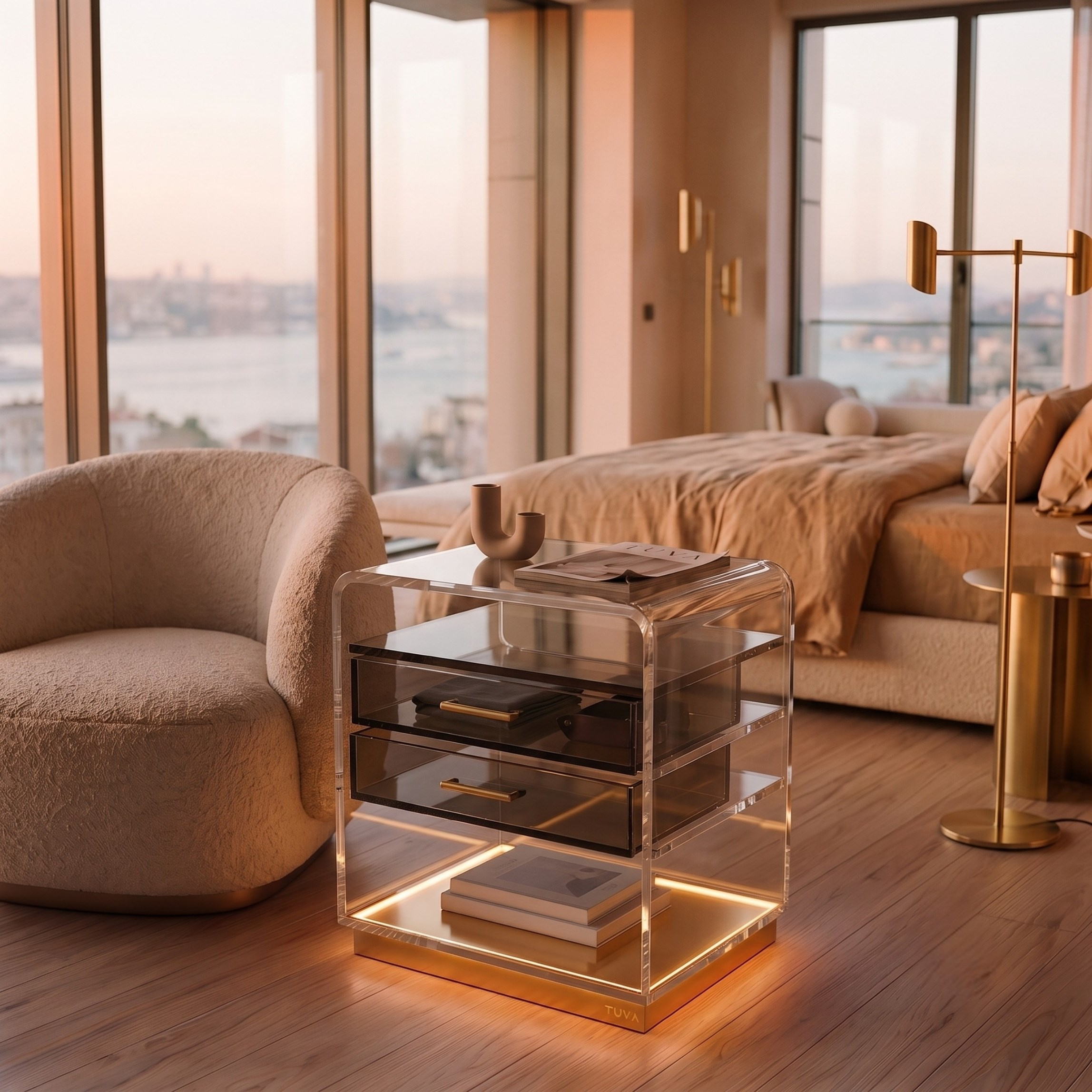 ORBYLIGHT | LED Işıklı Akrilik Komodin & Yan Sehpa — Uzaktan Kumandalı, 100+ Renk Seçenekli