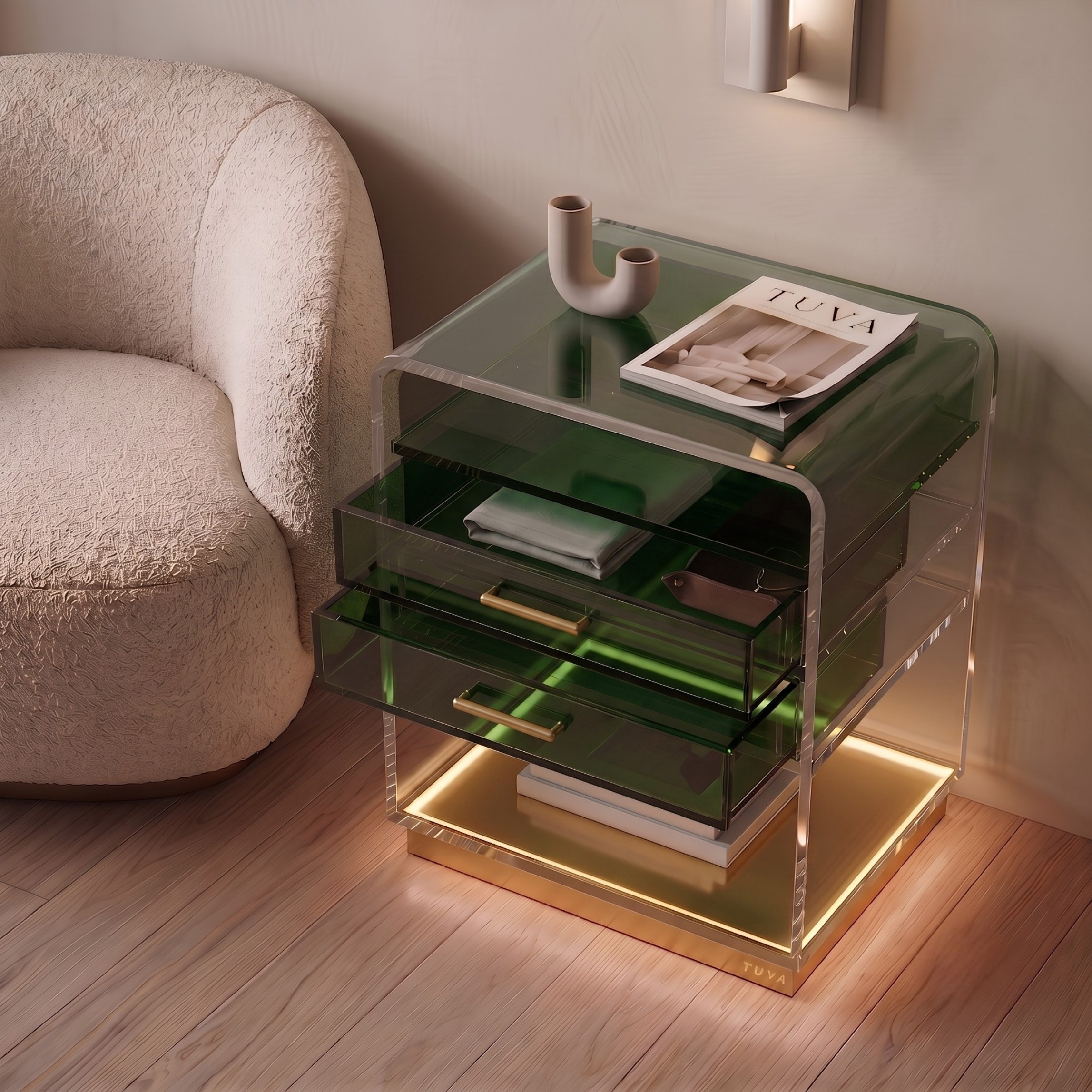 ORBYLIGHT | LED Işıklı Akrilik Komodin & Yan Sehpa — Uzaktan Kumandalı, 100+ Renk Seçenekli