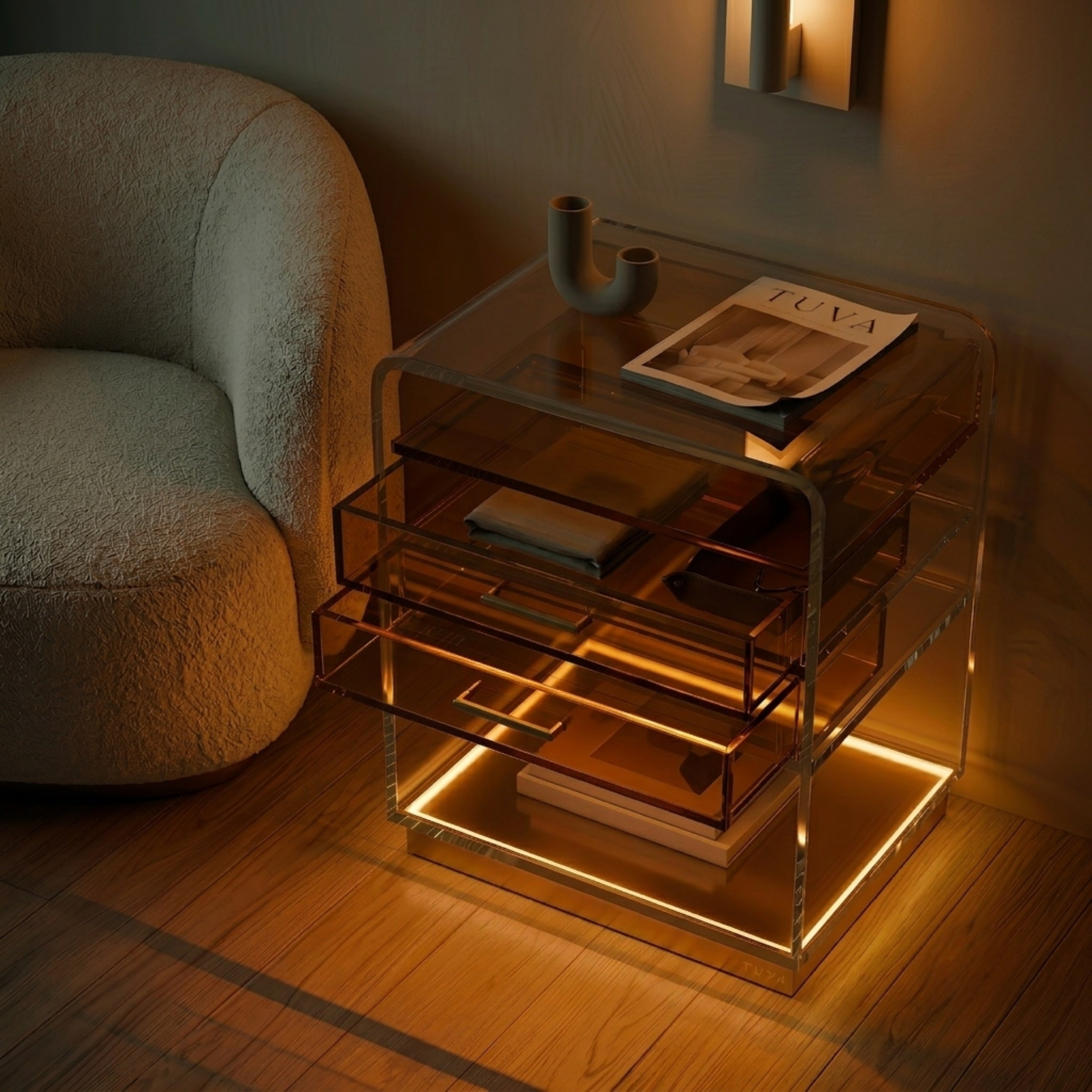 ORBYLIGHT | LED Işıklı Akrilik Komodin & Yan Sehpa — Uzaktan Kumandalı, 100+ Renk Seçenekli