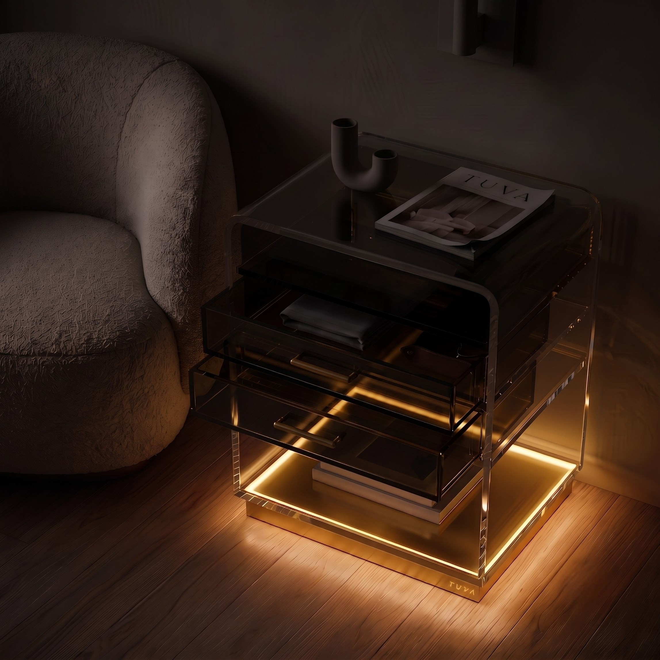 ORBYLIGHT | LED Işıklı Akrilik Komodin & Yan Sehpa — Uzaktan Kumandalı, 100+ Renk Seçenekli