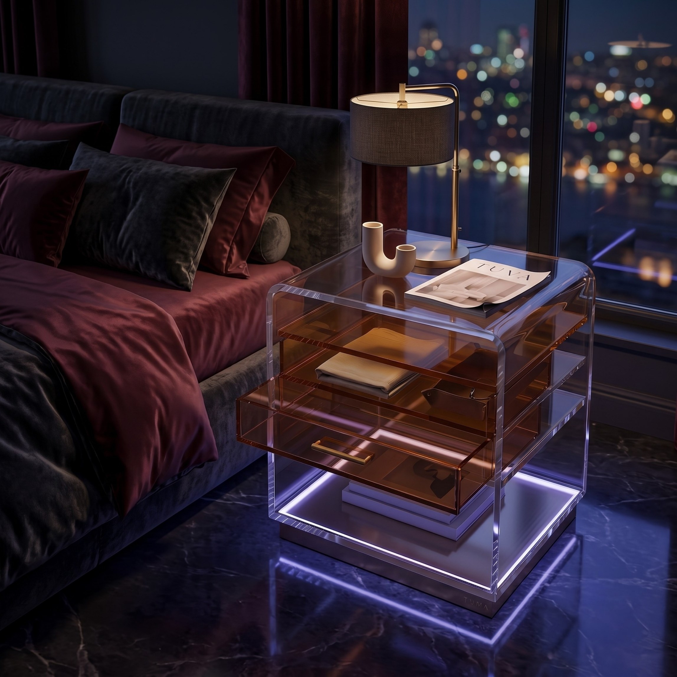ORBYLIGHT | LED Işıklı Akrilik Komodin & Yan Sehpa — Uzaktan Kumandalı, 100+ Renk Seçenekli