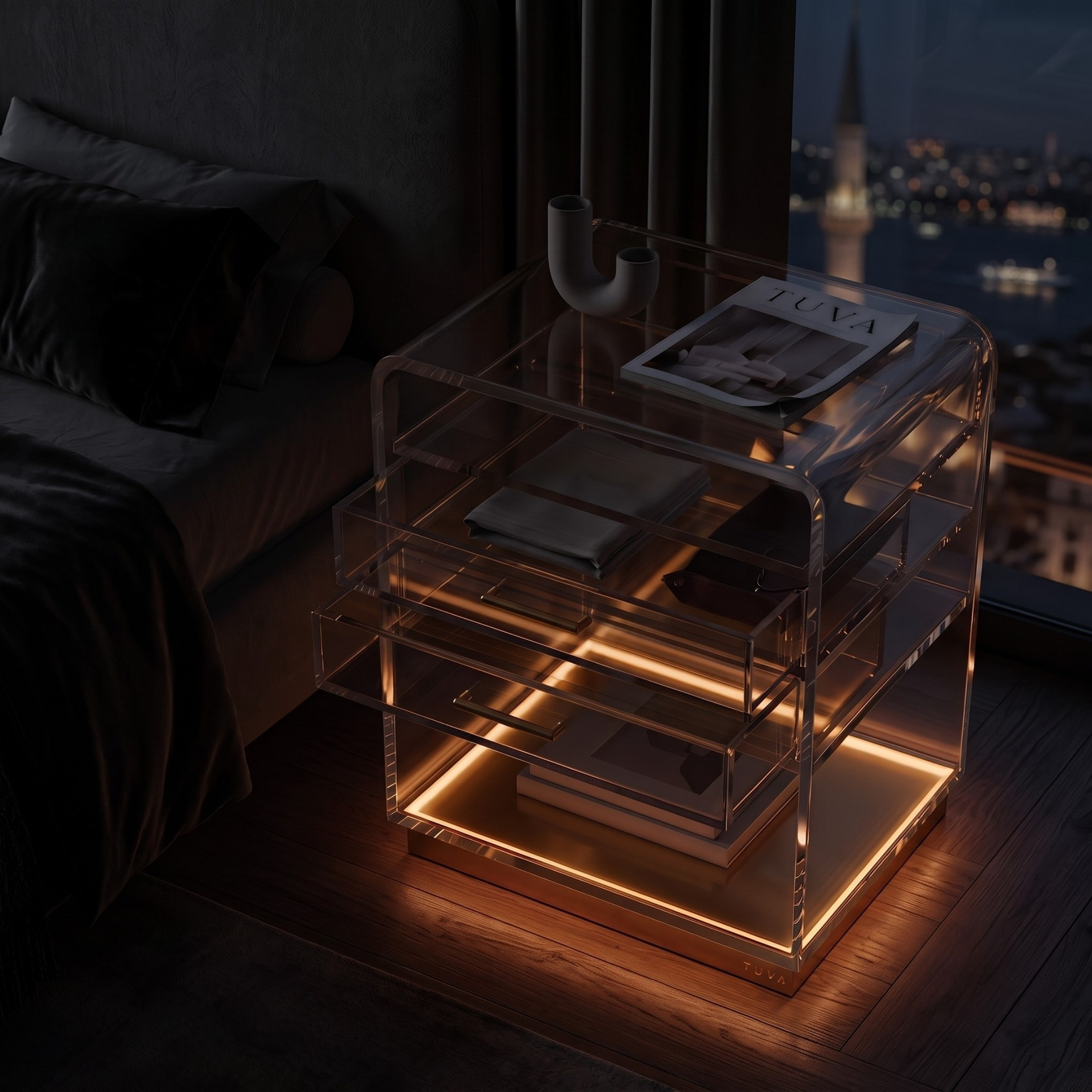 ORBYLIGHT | LED Işıklı Akrilik Komodin & Yan Sehpa — Uzaktan Kumandalı, 100+ Renk Seçenekli