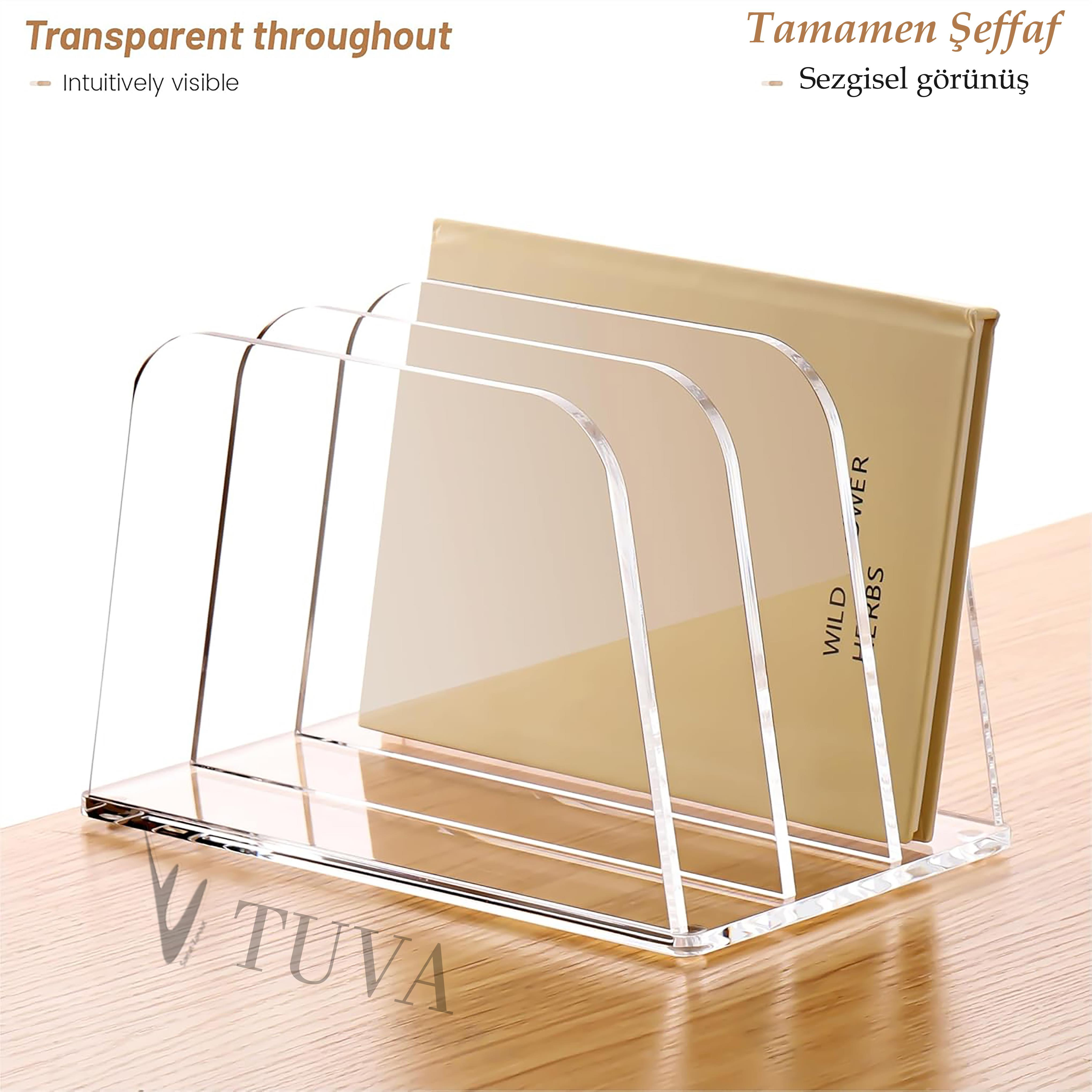 Şeffaf Modern Tuva Pleksi Ters Üçgen Tasarım Bölmeli Kitap ve Evrak Düzenleyici | Minimal Modern Elit Masaüstü Organizer