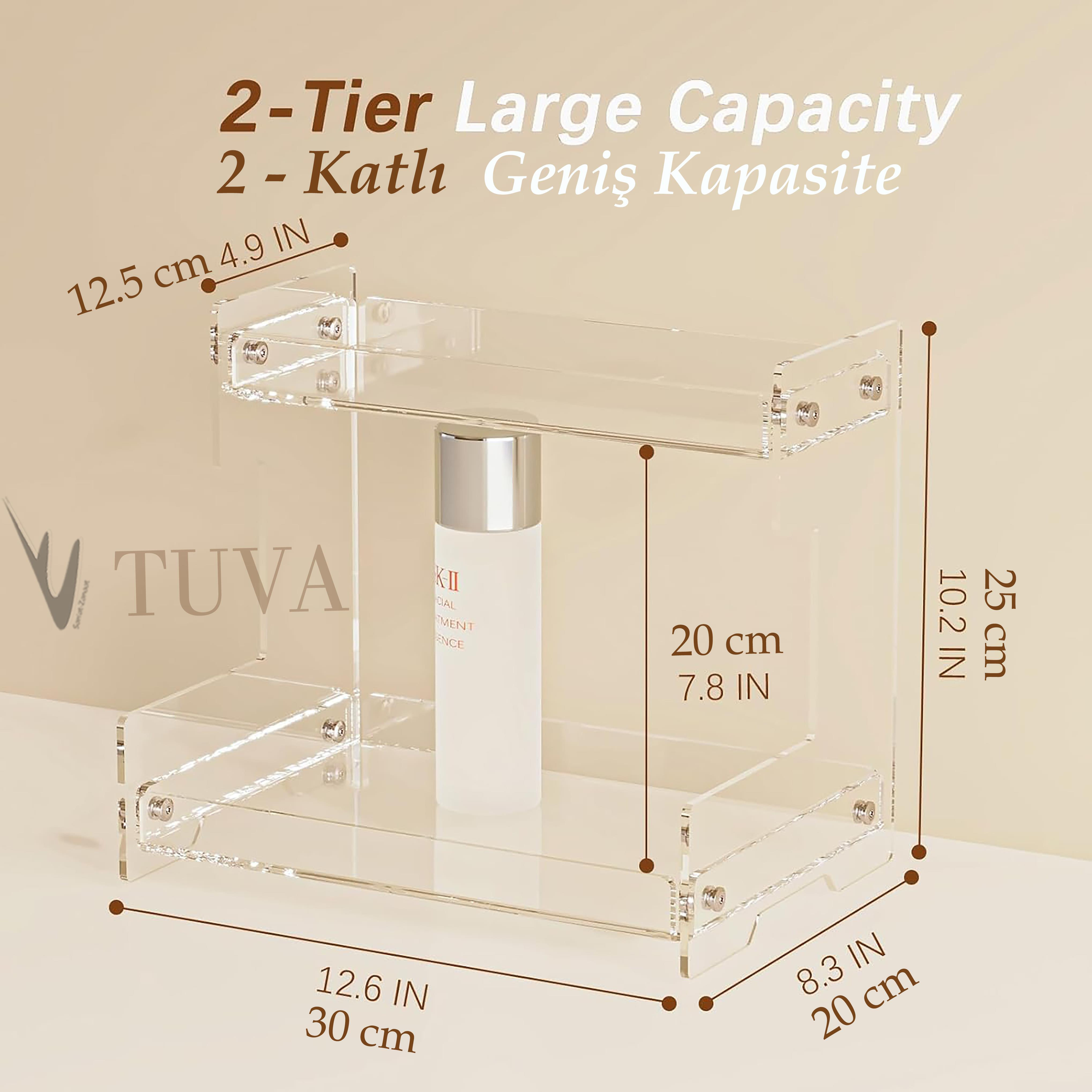 Şeffaf Pleksi Modern Elit Tasarım Makyaj Takı Aksesuar Parfüm Organizer Düzenleyici | Altın & Gümüş Kapak Seçenekli | Tuva Premium Model