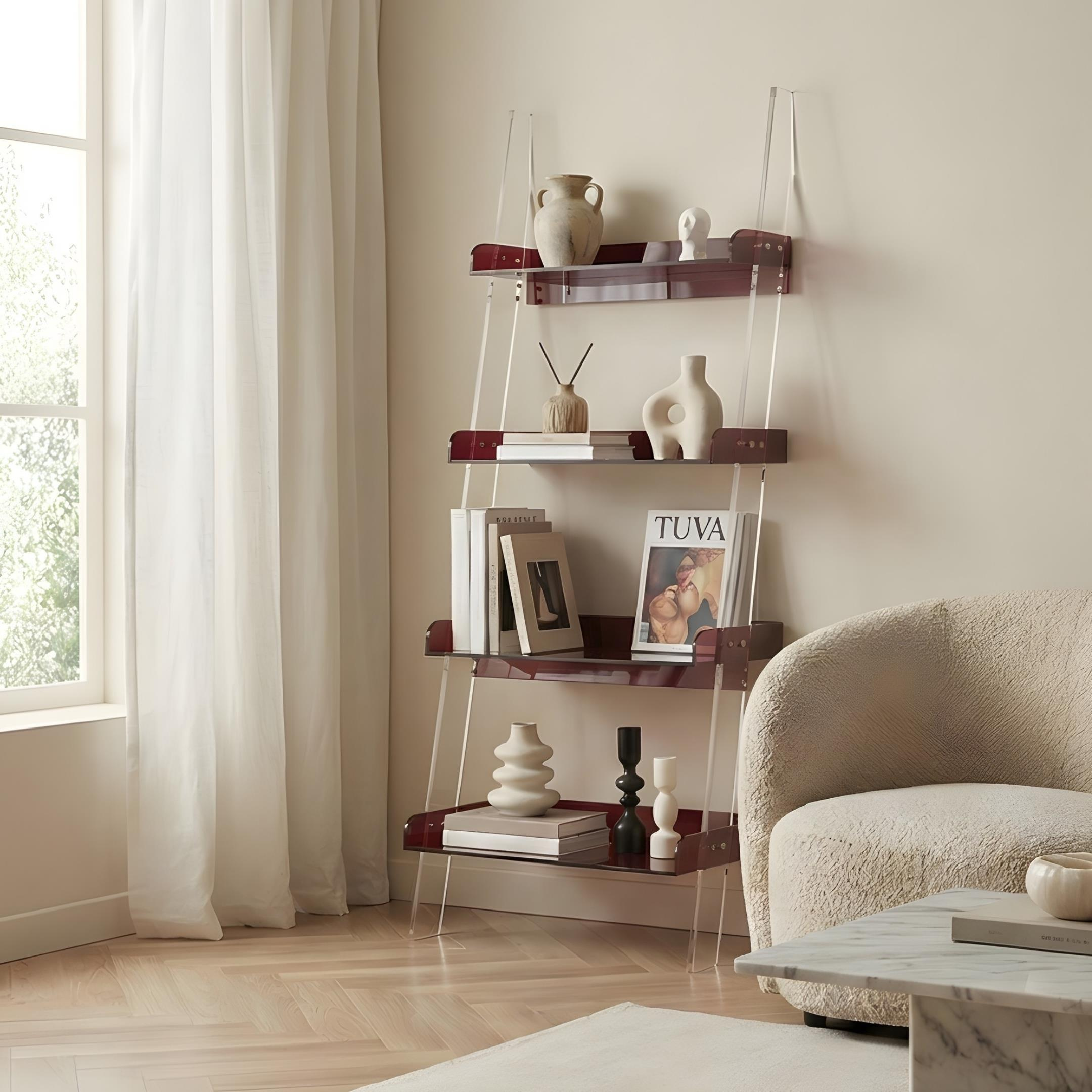 STEPS | Modern Şeffaf Pleksi 4 Kat Raf Merdiven Tasarımlı Raf Ünitesi | Yeni Nesil Sehpa Komodin
