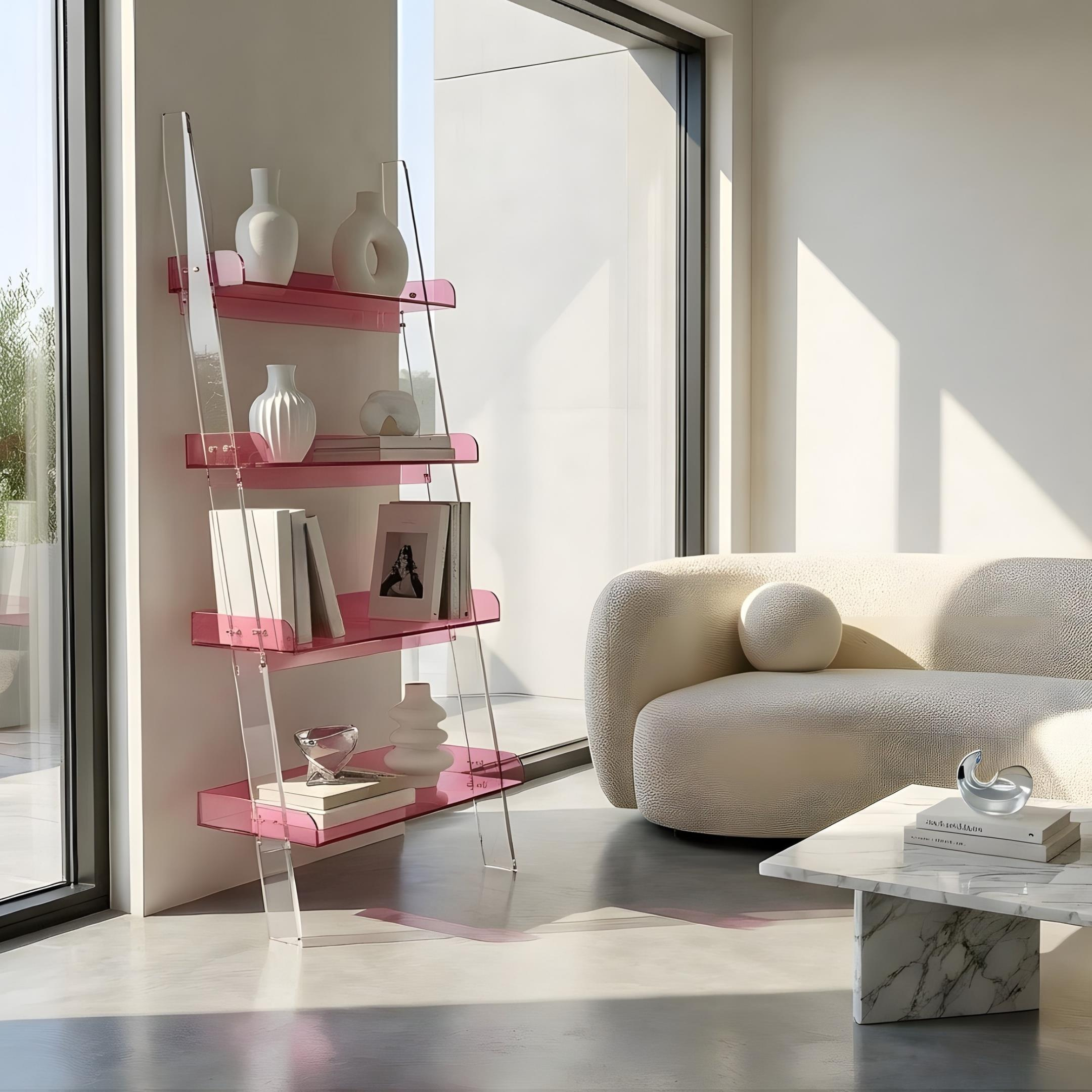 STEPS | Modern Şeffaf Pleksi 4 Kat Raf Merdiven Tasarımlı Raf Ünitesi | Yeni Nesil Sehpa Komodin