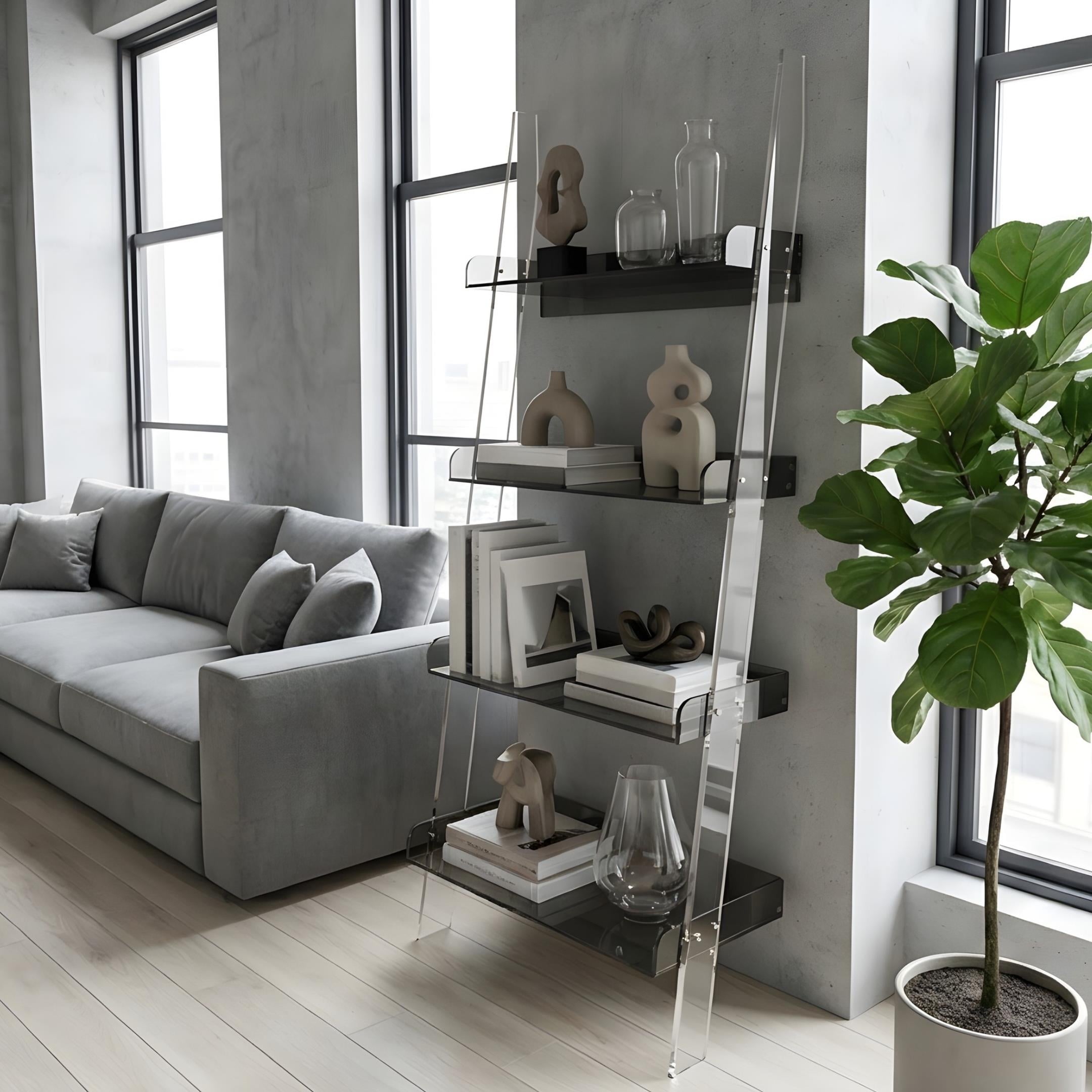 STEPS | Modern Şeffaf Pleksi 4 Kat Raf Merdiven Tasarımlı Raf Ünitesi | Yeni Nesil Sehpa Komodin