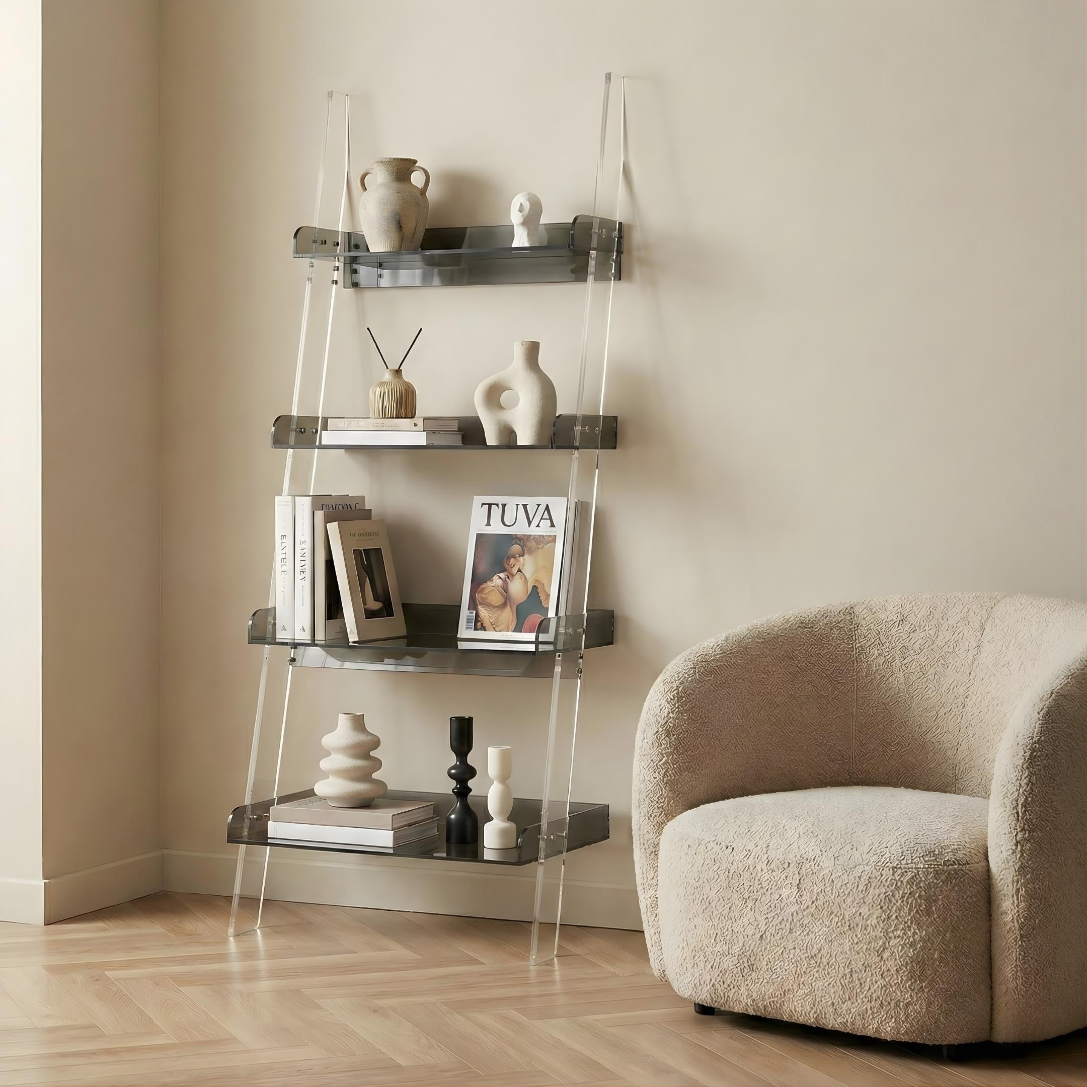 STEPS | Modern Şeffaf Pleksi 4 Kat Raf Merdiven Tasarımlı Raf Ünitesi | Yeni Nesil Sehpa Komodin