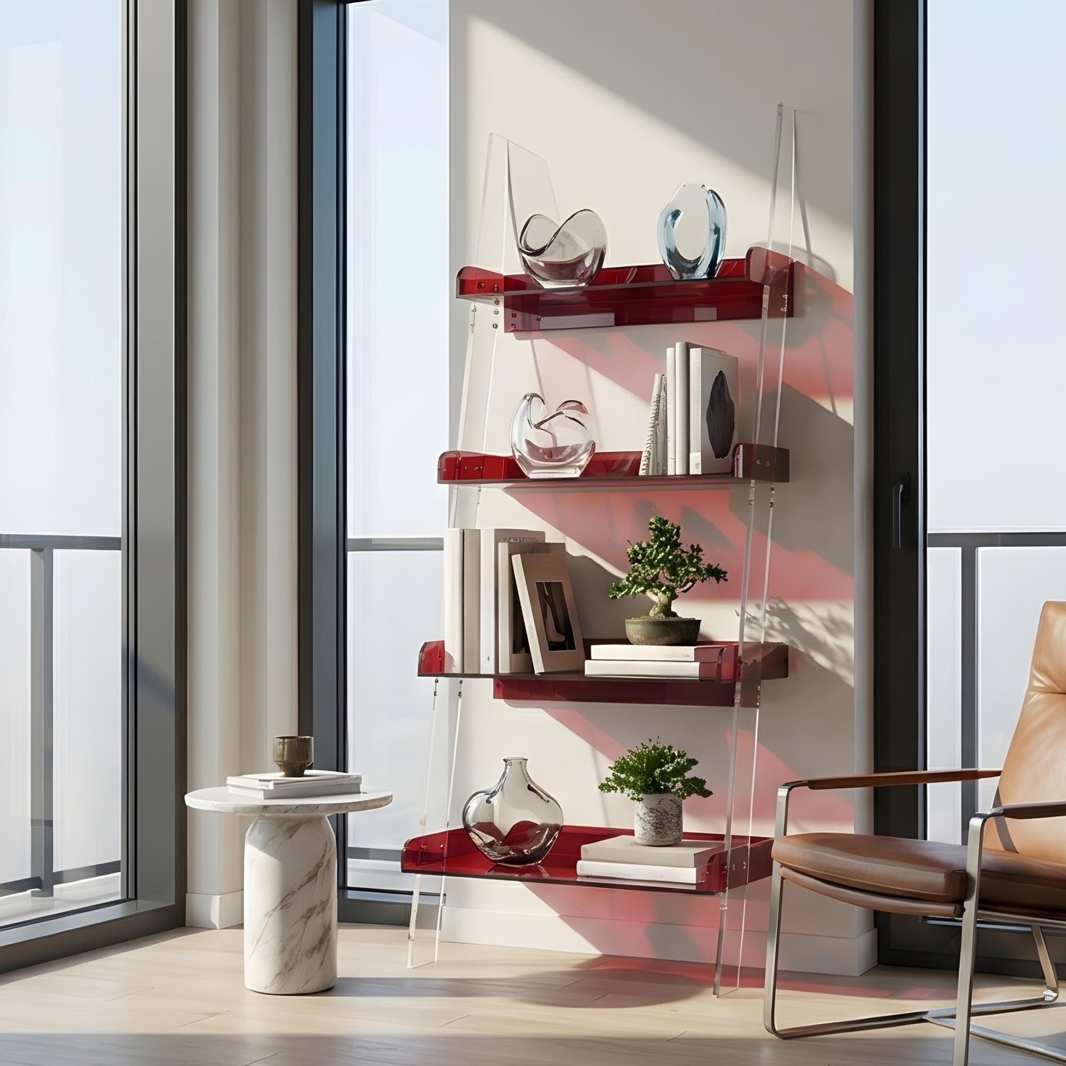 STEPS | Modern Şeffaf Pleksi 4 Kat Raf Merdiven Tasarımlı Raf Ünitesi | Yeni Nesil Sehpa Komodin