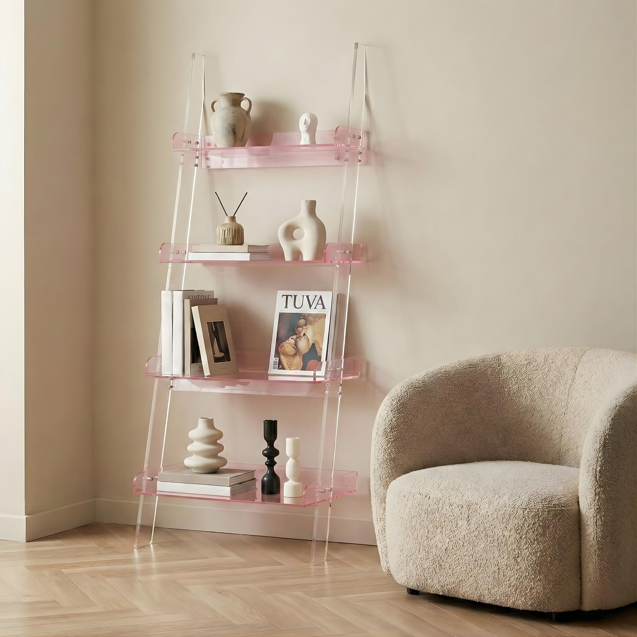 STEPS | Modern Şeffaf Pleksi 4 Kat Raf Merdiven Tasarımlı Raf Ünitesi | Yeni Nesil Sehpa Komodin
