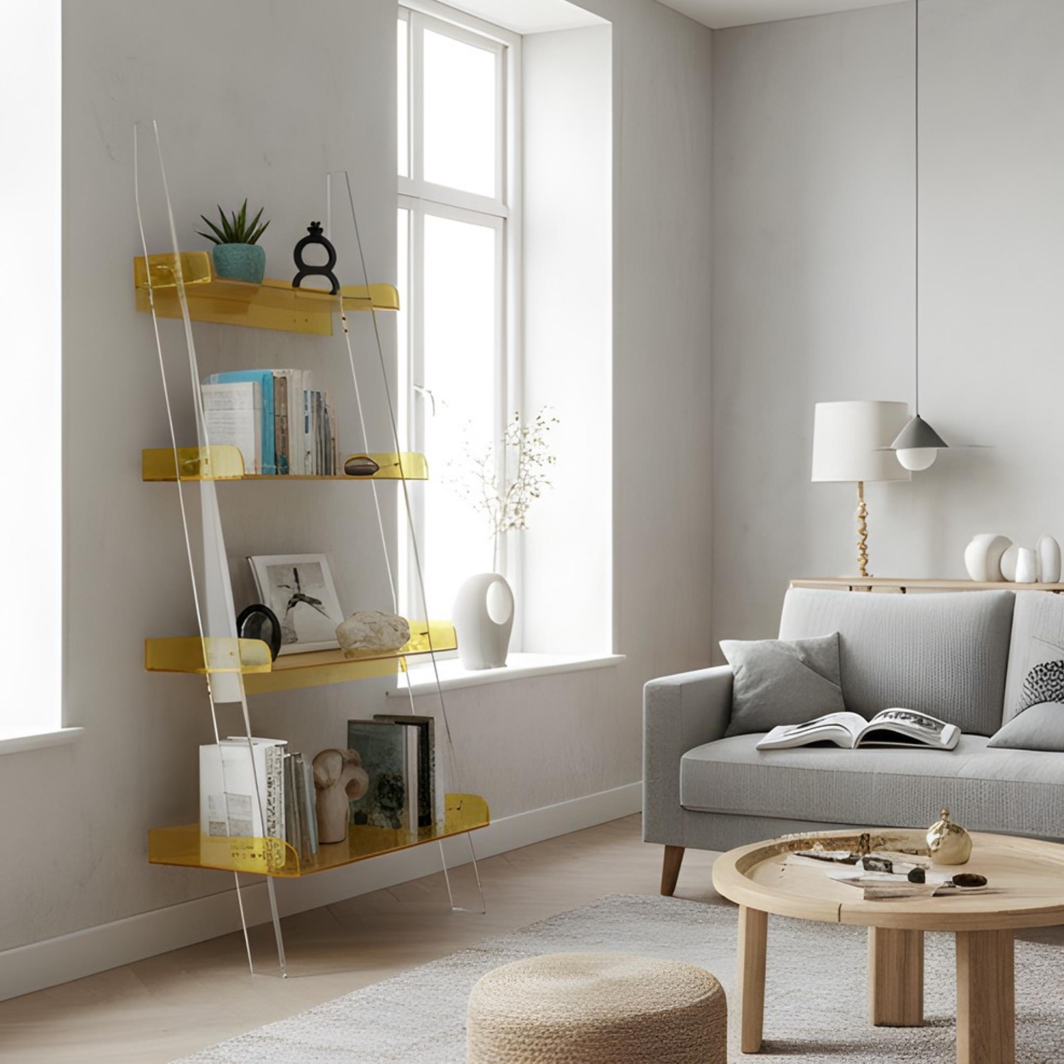 STEPS | Modern Şeffaf Pleksi 4 Kat Raf Merdiven Tasarımlı Raf Ünitesi | Yeni Nesil Sehpa Komodin