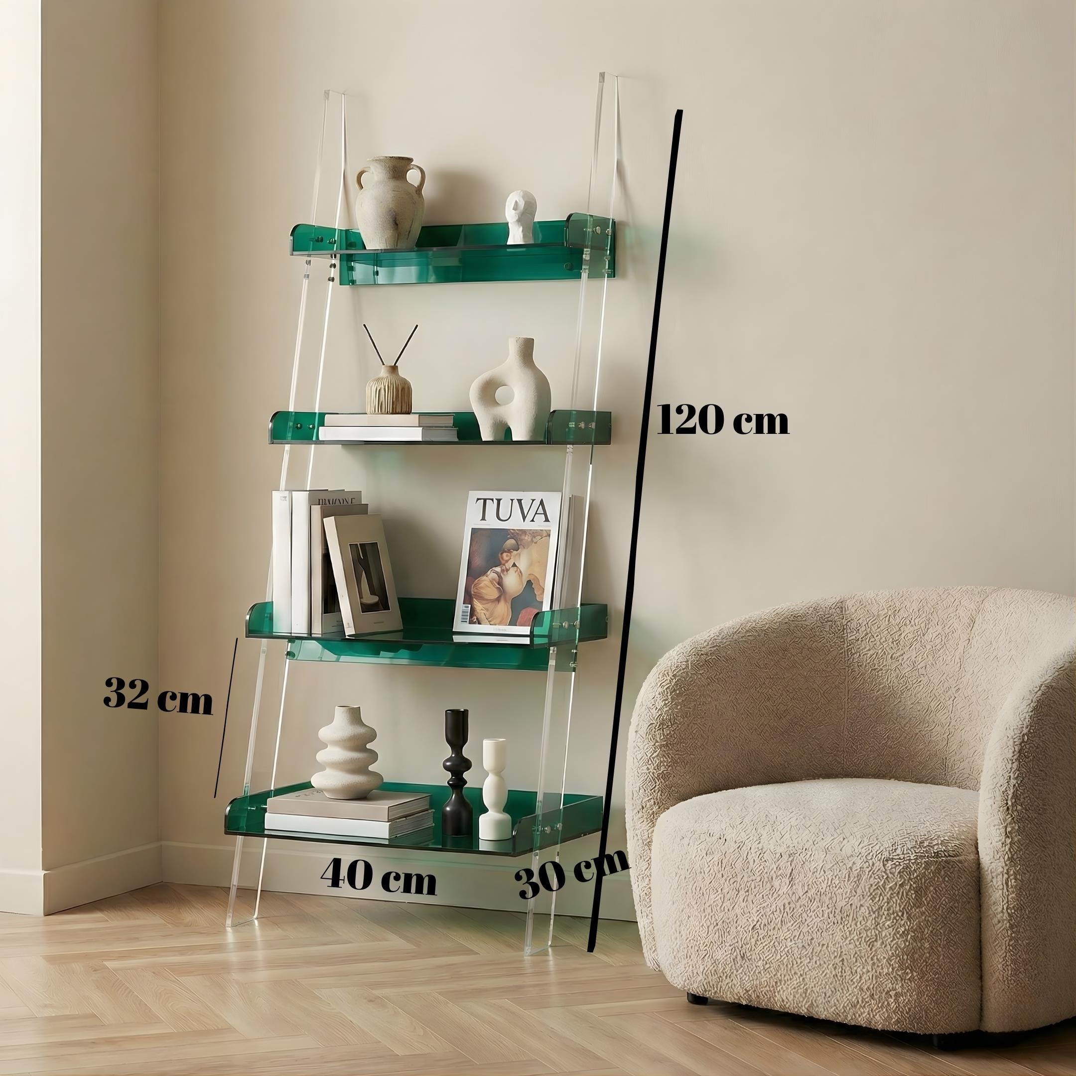 STEPS | Modern Şeffaf Pleksi 4 Kat Raf Merdiven Tasarımlı Raf Ünitesi | Yeni Nesil Sehpa Komodin