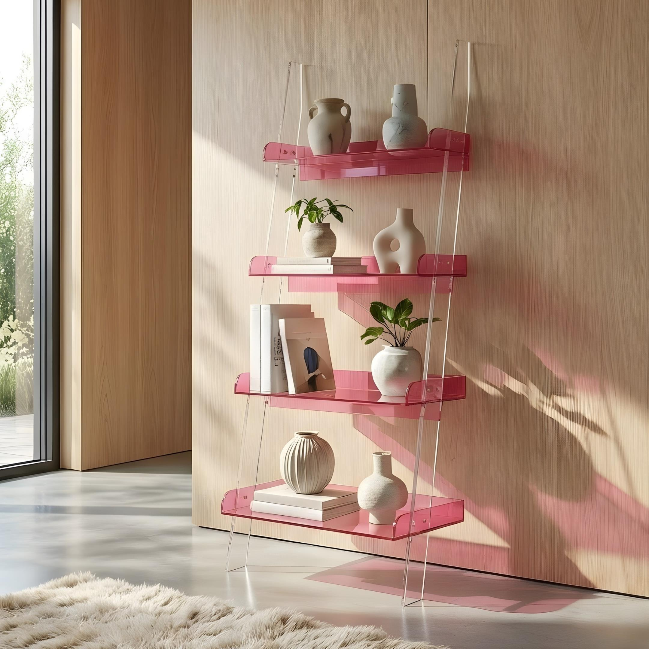 STEPS | Modern Şeffaf Pleksi 4 Kat Raf Merdiven Tasarımlı Raf Ünitesi | Yeni Nesil Sehpa Komodin