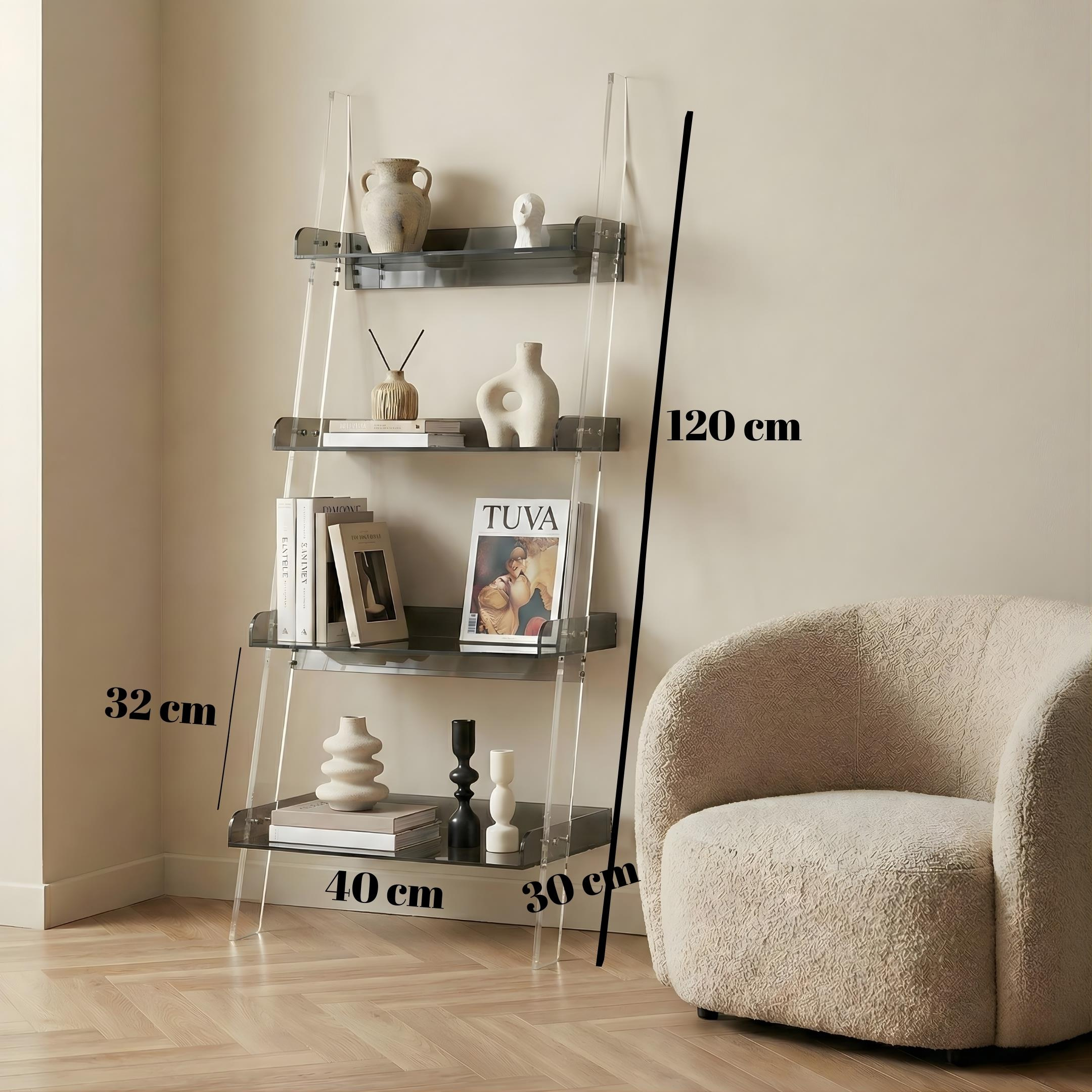 STEPS | Modern Şeffaf Pleksi 4 Kat Raf Merdiven Tasarımlı Raf Ünitesi | Yeni Nesil Sehpa Komodin
