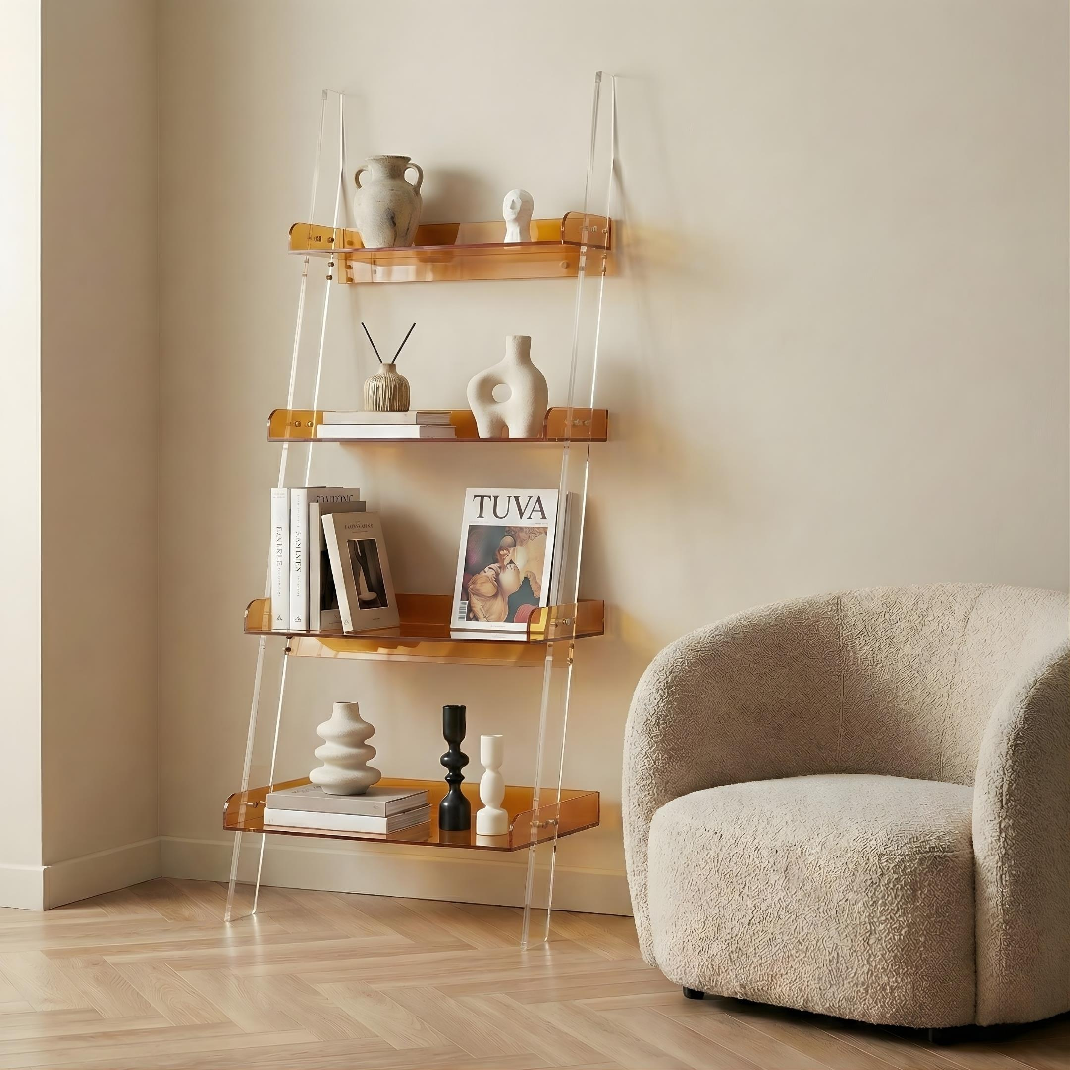 STEPS | Modern Şeffaf Pleksi 4 Kat Raf Merdiven Tasarımlı Raf Ünitesi | Yeni Nesil Sehpa Komodin