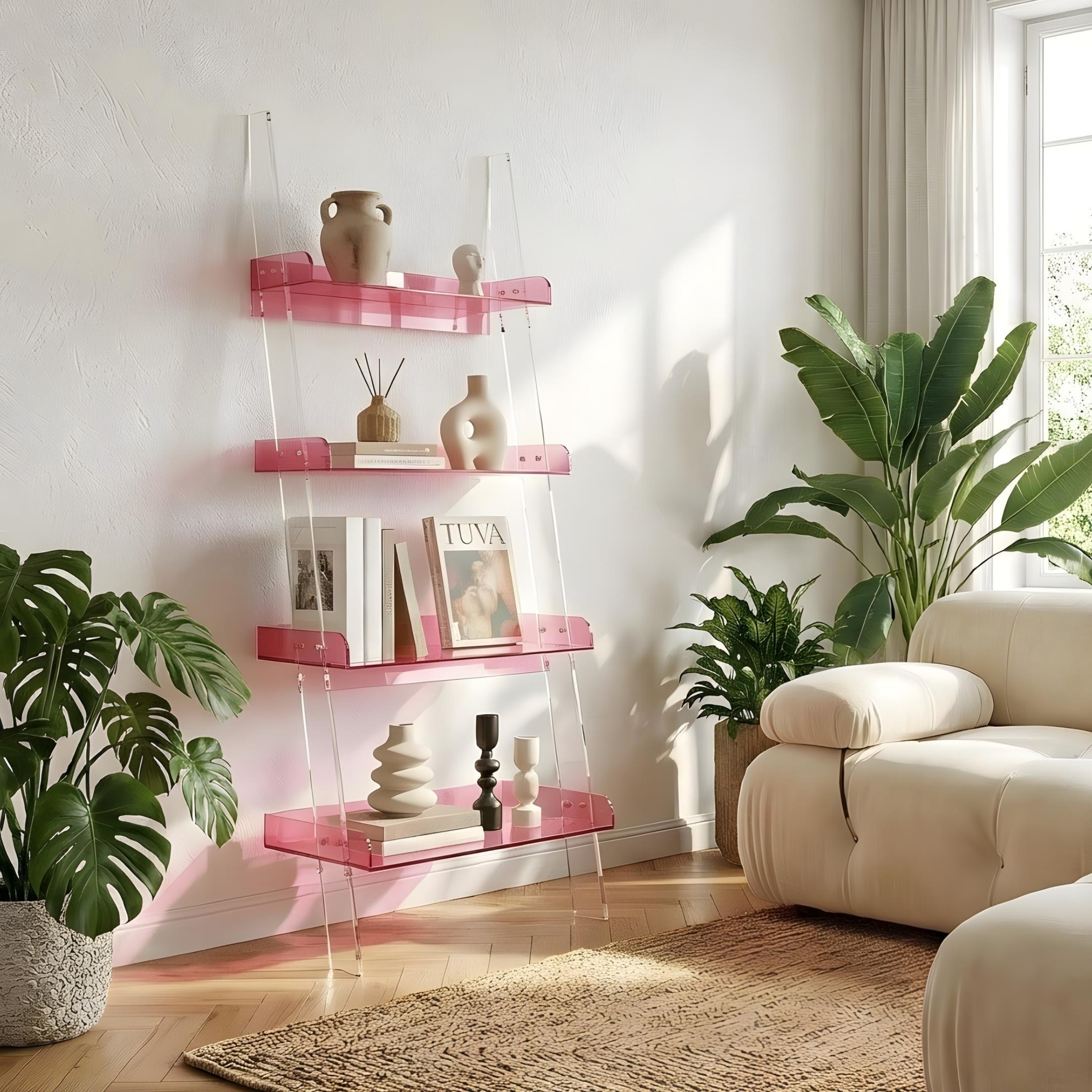 STEPS | Modern Şeffaf Pleksi 4 Kat Raf Merdiven Tasarımlı Raf Ünitesi | Yeni Nesil Sehpa Komodin