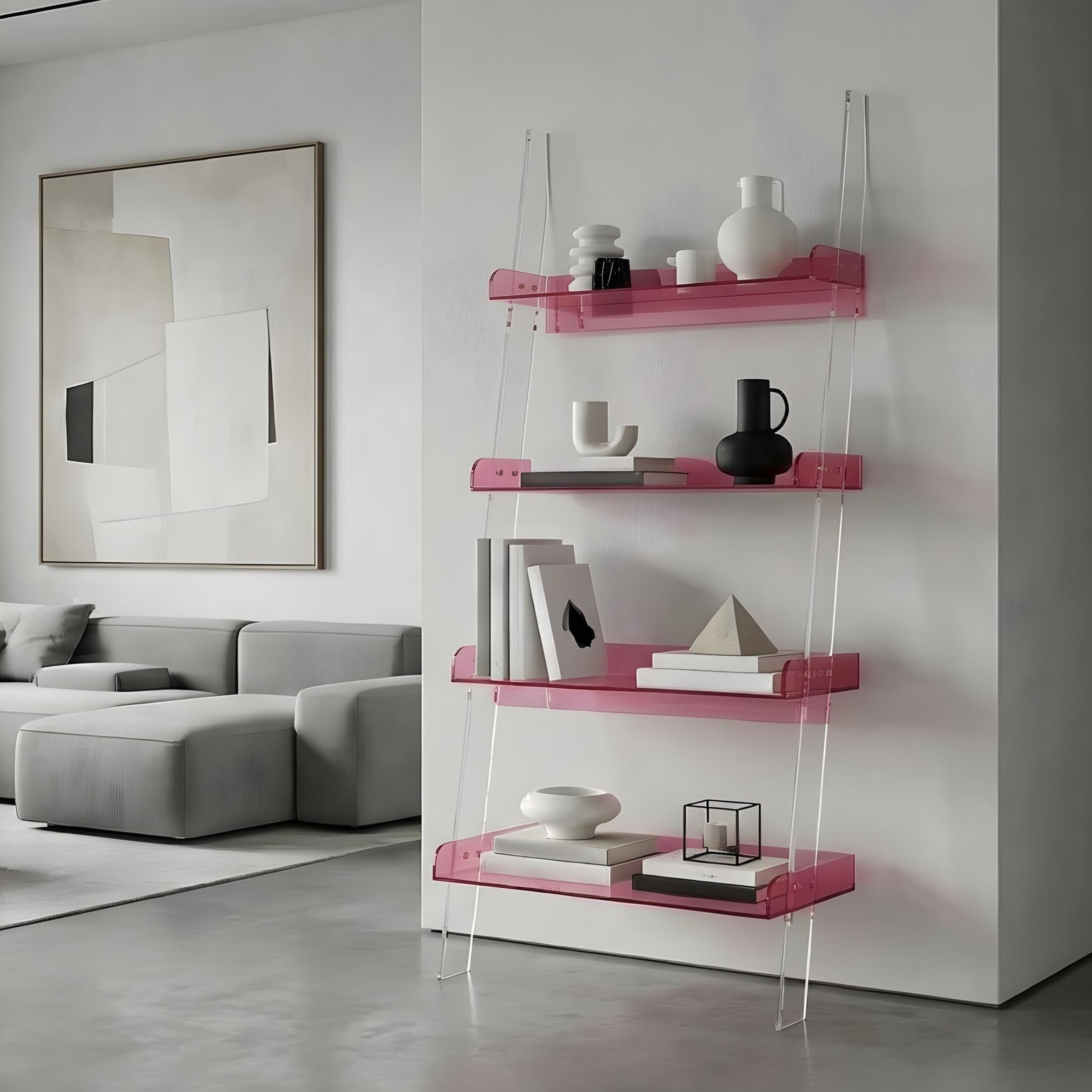 STEPS | Modern Şeffaf Pleksi 4 Kat Raf Merdiven Tasarımlı Raf Ünitesi | Yeni Nesil Sehpa Komodin
