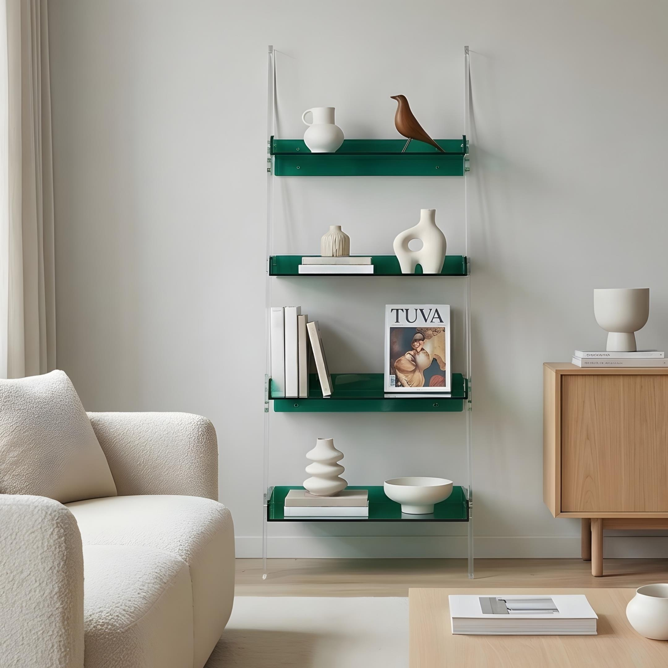 STEPS | Modern Şeffaf Pleksi 4 Kat Raf Merdiven Tasarımlı Raf Ünitesi | Yeni Nesil Sehpa Komodin