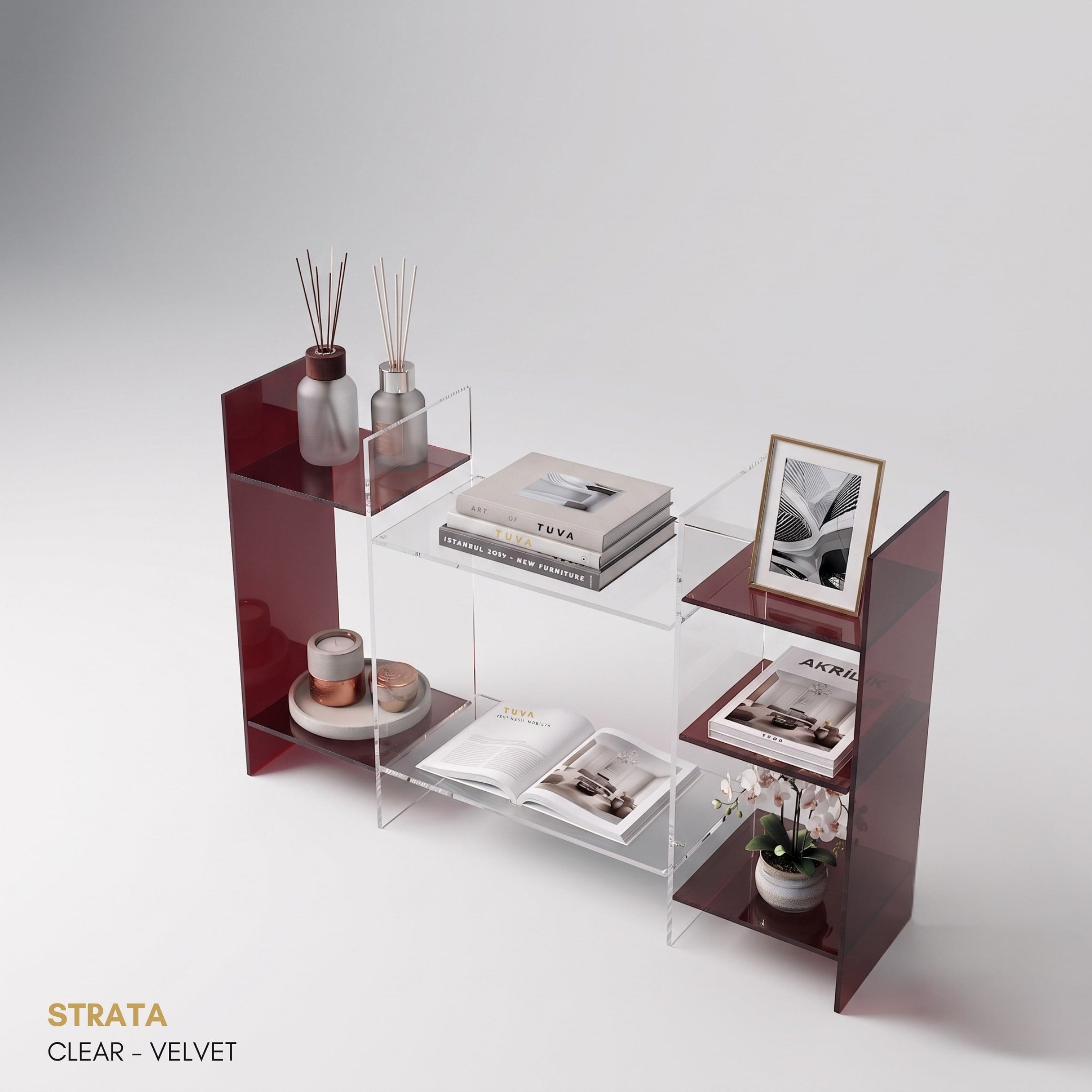 STRATA | Akrilik Raf Ünitesi & Konsol | Şeffaf Pleksi Konsol & Kitaplık