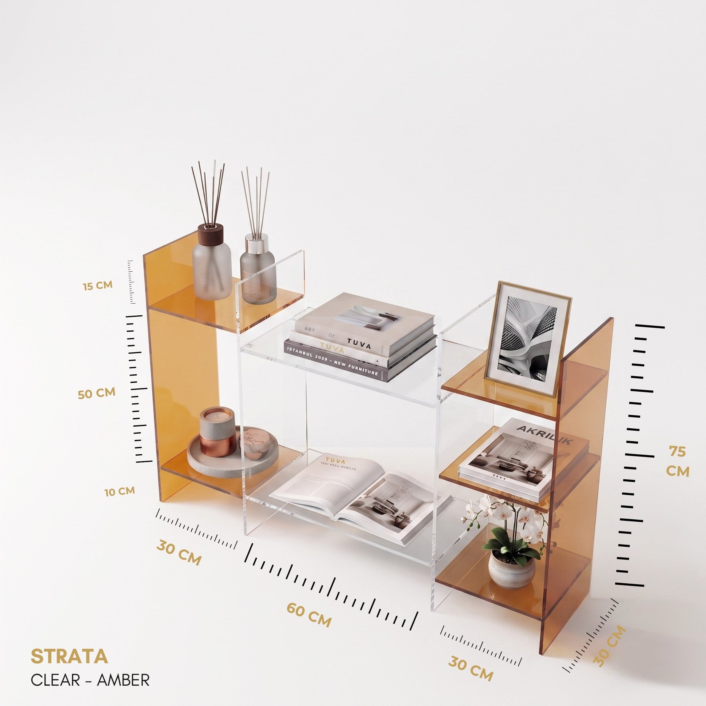 STRATA | Akrilik Raf Ünitesi & Konsol | Şeffaf Pleksi Konsol & Kitaplık