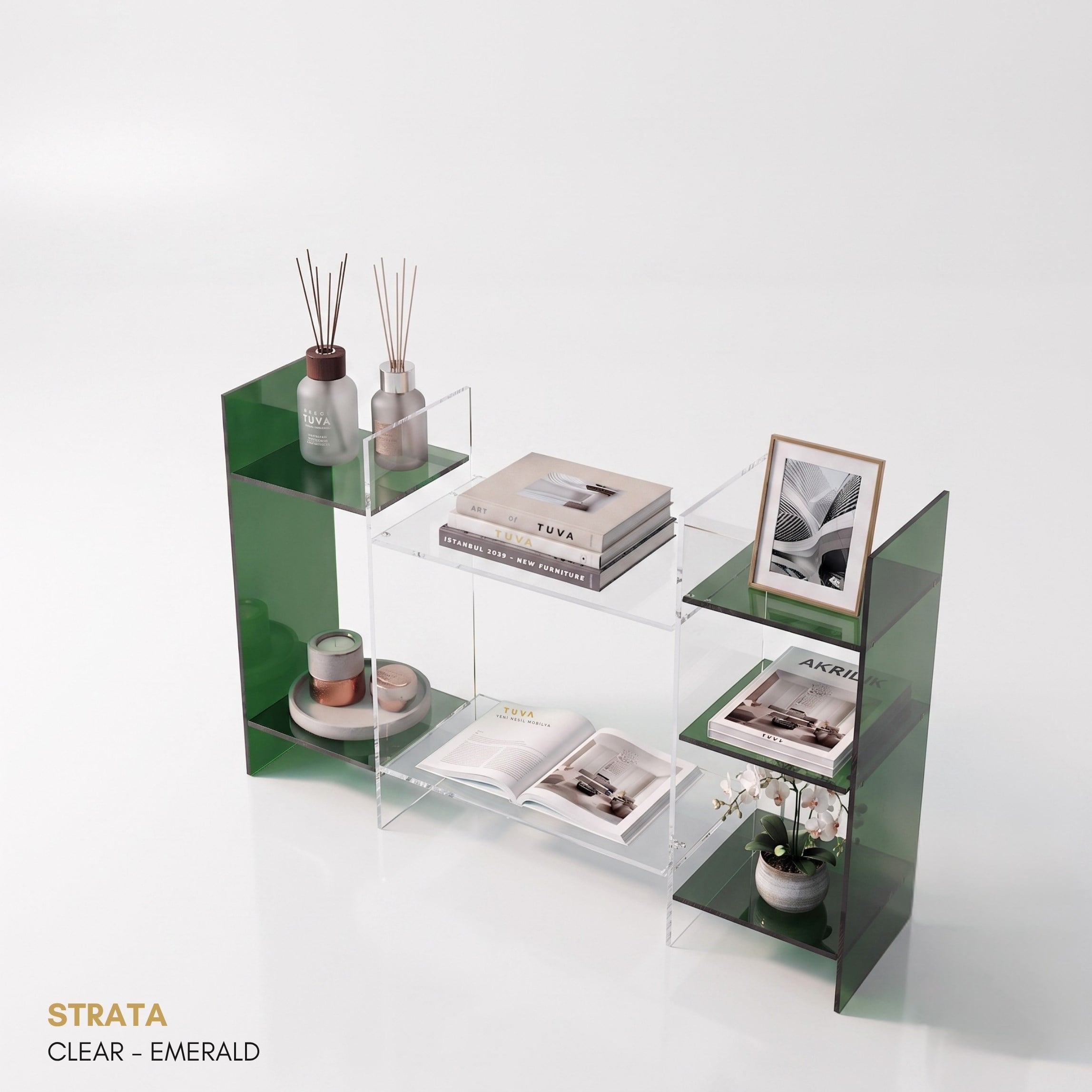 STRATA | Akrilik Raf Ünitesi & Konsol | Şeffaf Pleksi Konsol & Kitaplık