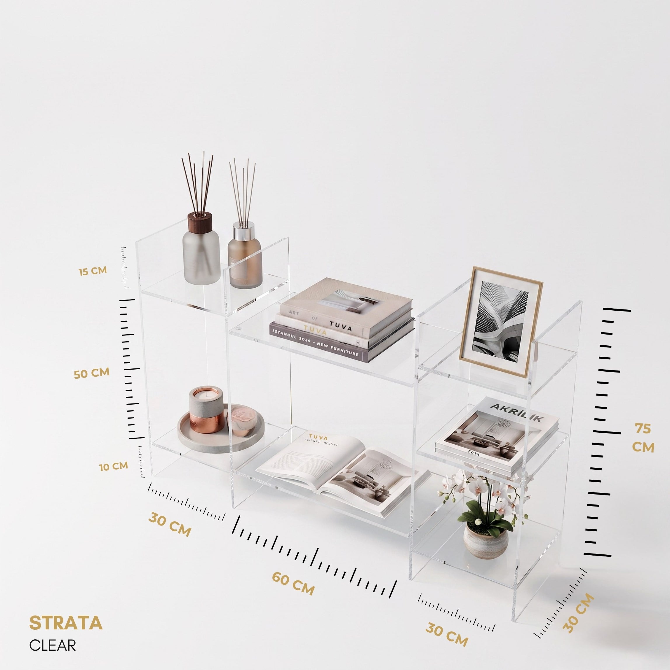 STRATA | Akrilik Raf Ünitesi & Konsol | Şeffaf Pleksi Konsol & Kitaplık