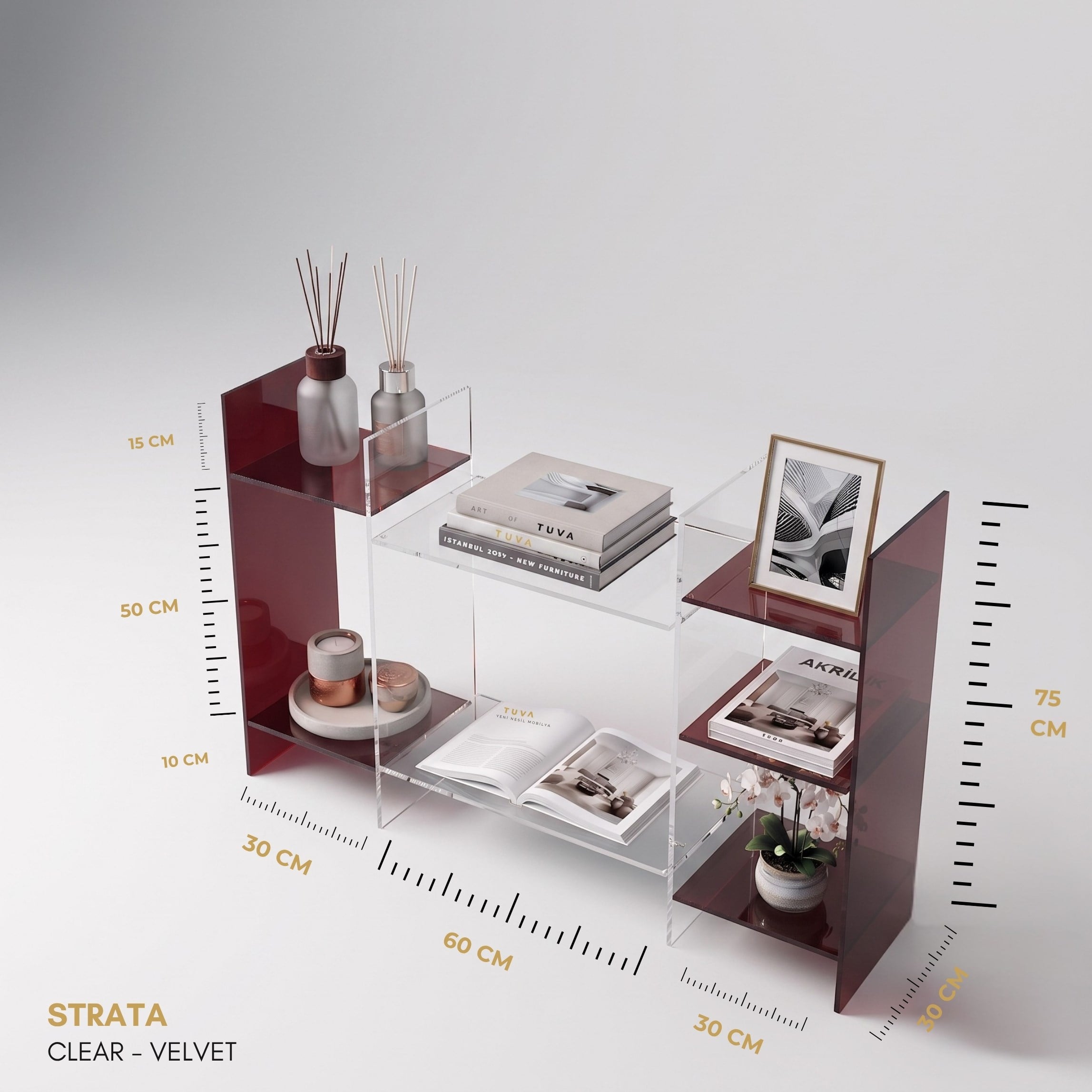 STRATA | Akrilik Raf Ünitesi & Konsol | Şeffaf Pleksi Konsol & Kitaplık