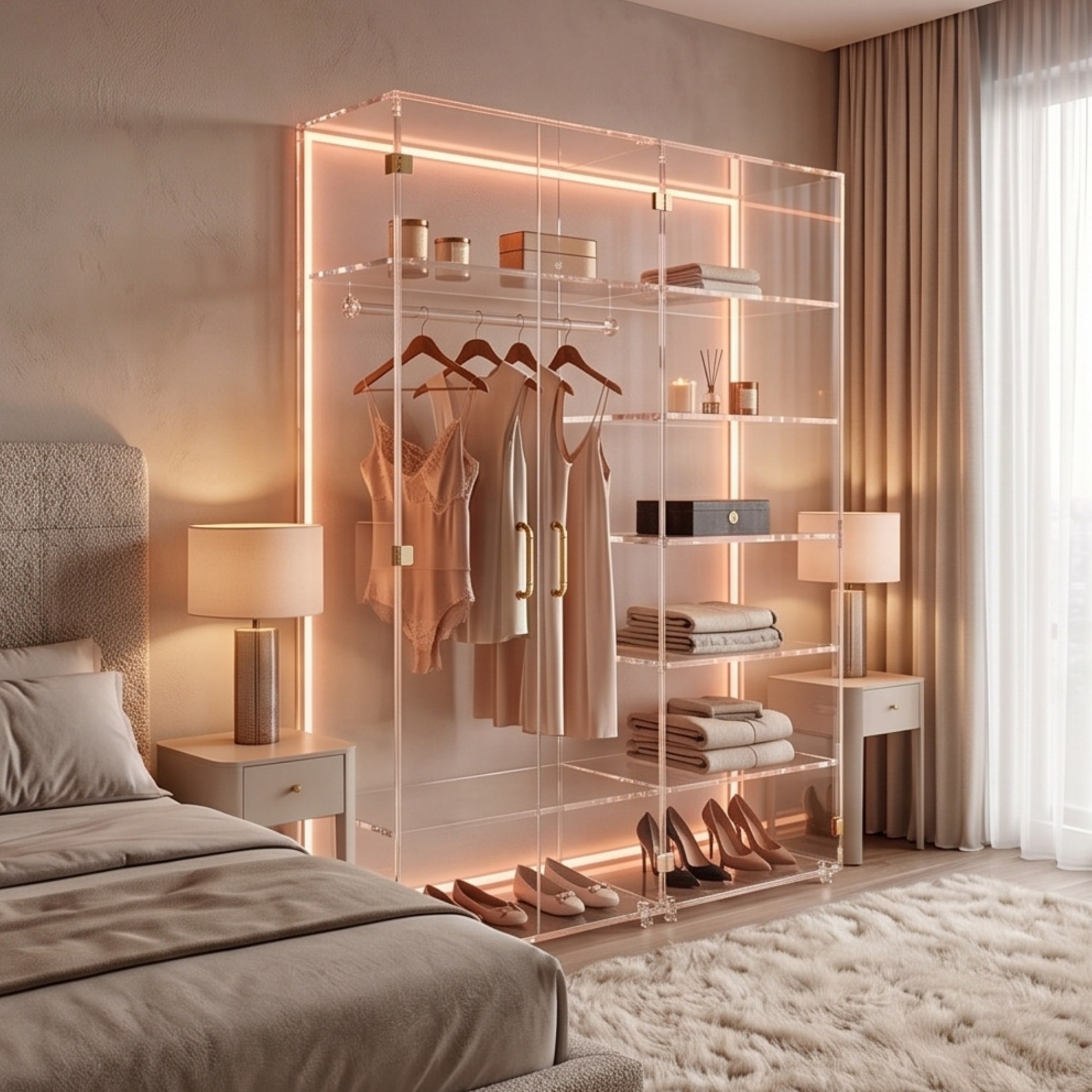 The ACRYLIGHT CURATO | Premium Şeffaf Işıklı Pleksi Gardırop & Vitrin | TUVA 