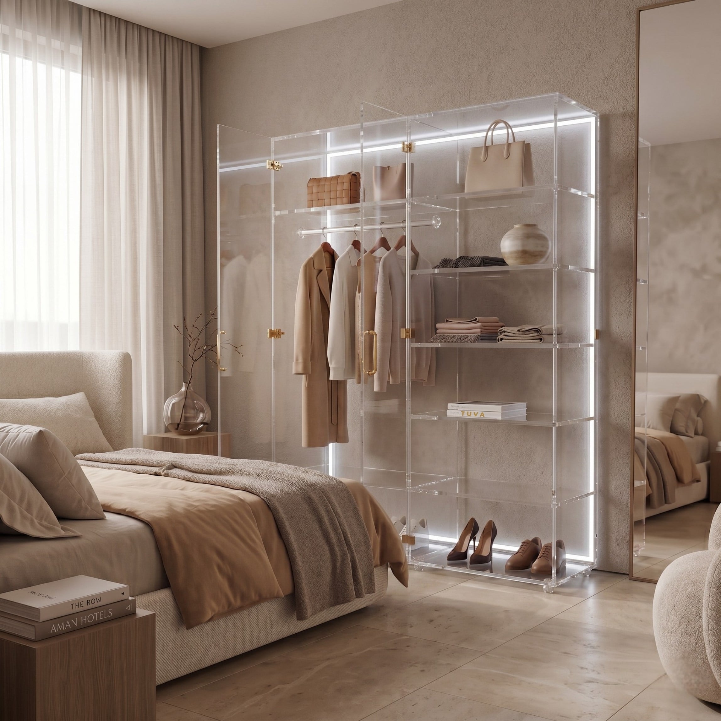 The ACRYLIGHT CURATO | Premium Şeffaf Işıklı Pleksi Gardırop & Vitrin | TUVA 