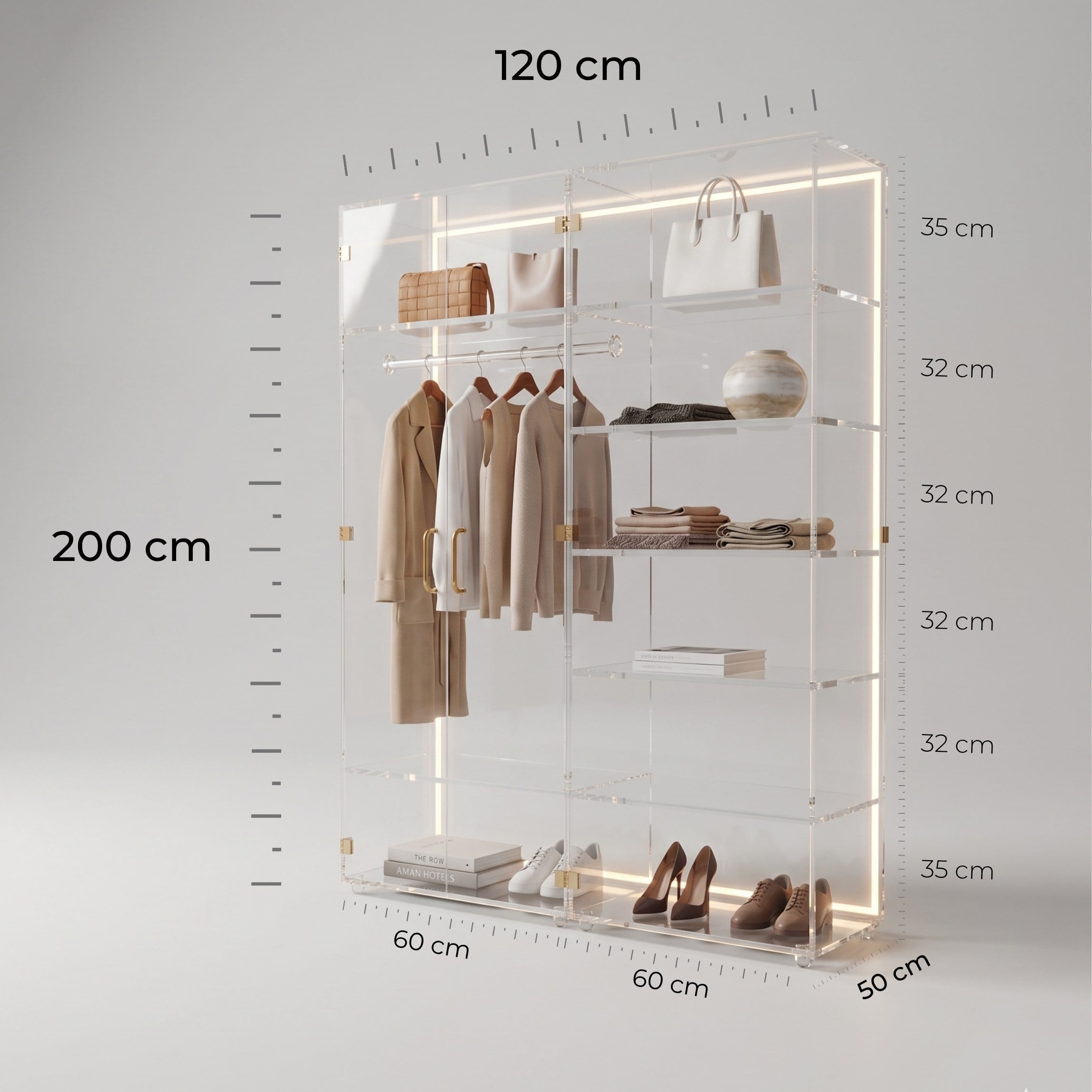 The ACRYLIGHT CURATO | Premium Şeffaf Işıklı Pleksi Gardırop & Vitrin | TUVA 