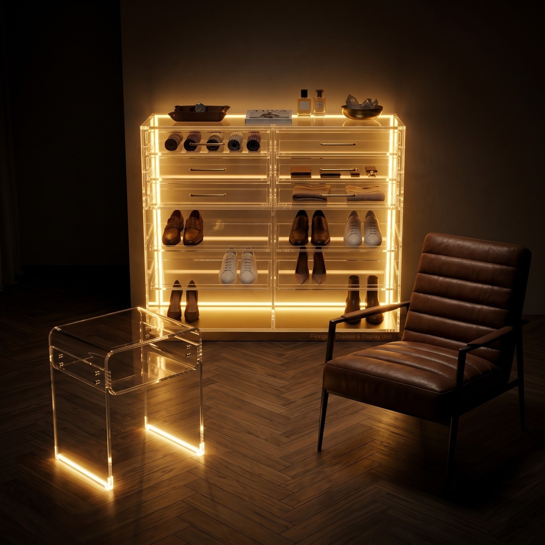 The ACRYLIGHT PEDESTAL |  Lüks Led Aydınlatmalı Şeffaf Pleksiglas Şifonyer ve Konsol