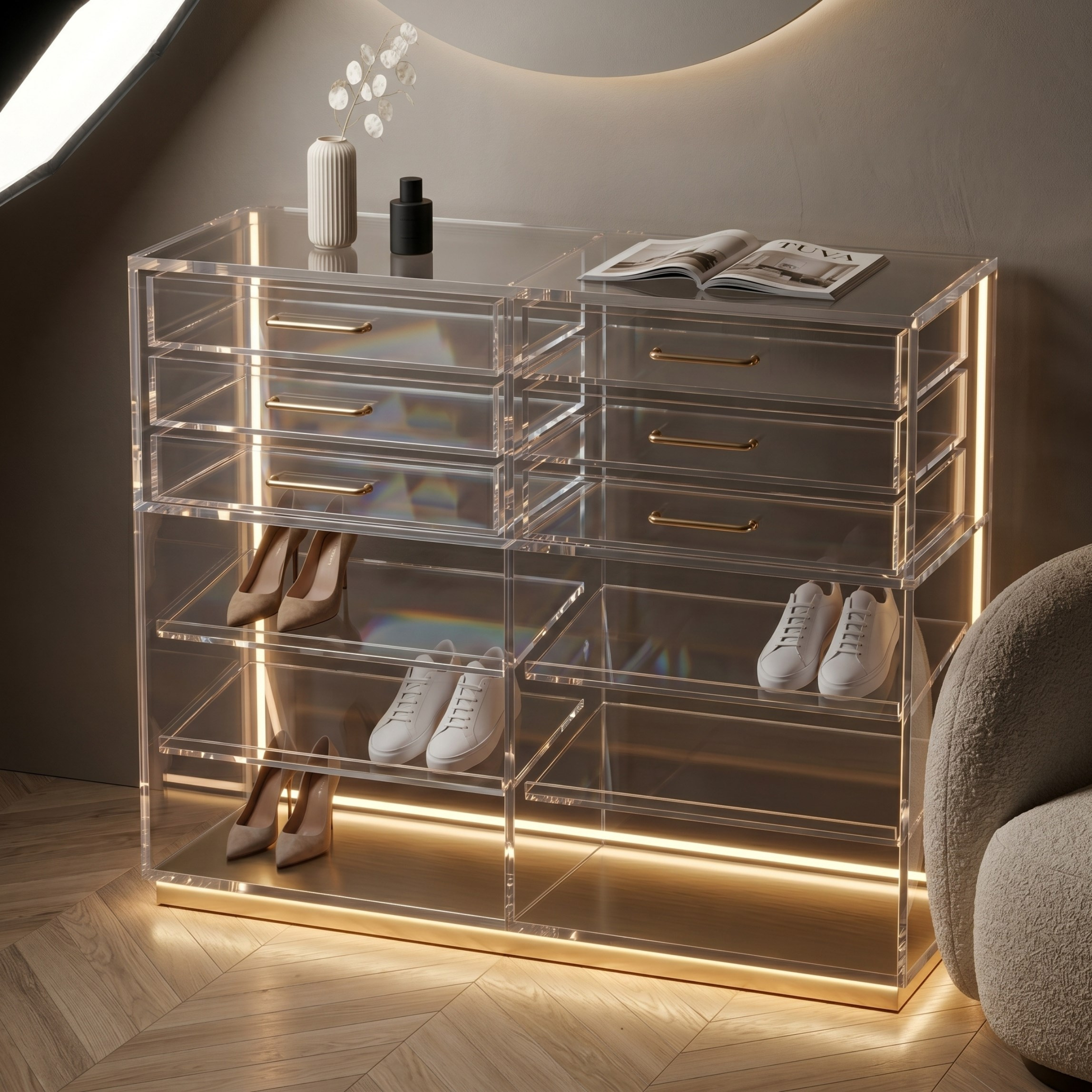 The ACRYLIGHT PEDESTAL |  Lüks Led Aydınlatmalı Şeffaf Pleksiglas Şifonyer ve Konsol