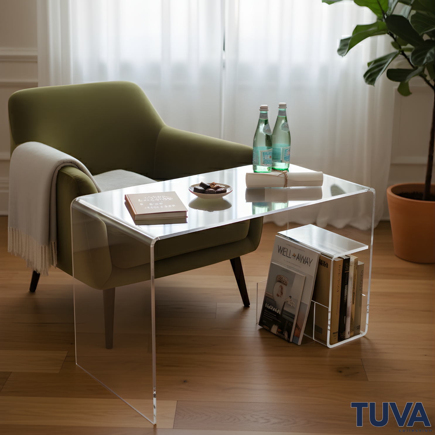 Tuva Reklam Pleksi Akrilik Ara Büküm Raflı Orta Sehpa