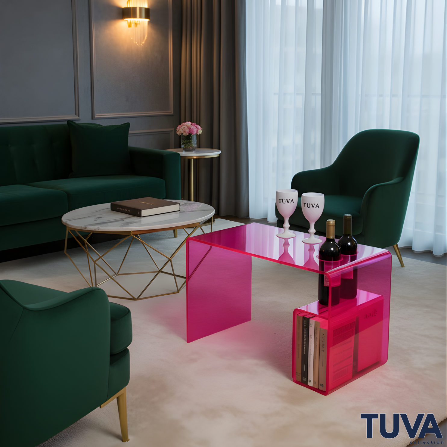 Tuva Reklam Pleksi Akrilik Ara Büküm Raflı Orta Sehpa